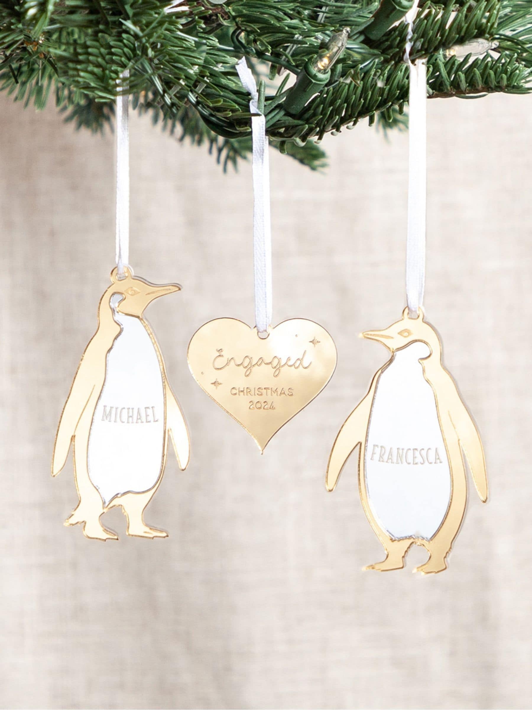 Personalised mirror penguin couple Christmas decoration - British product