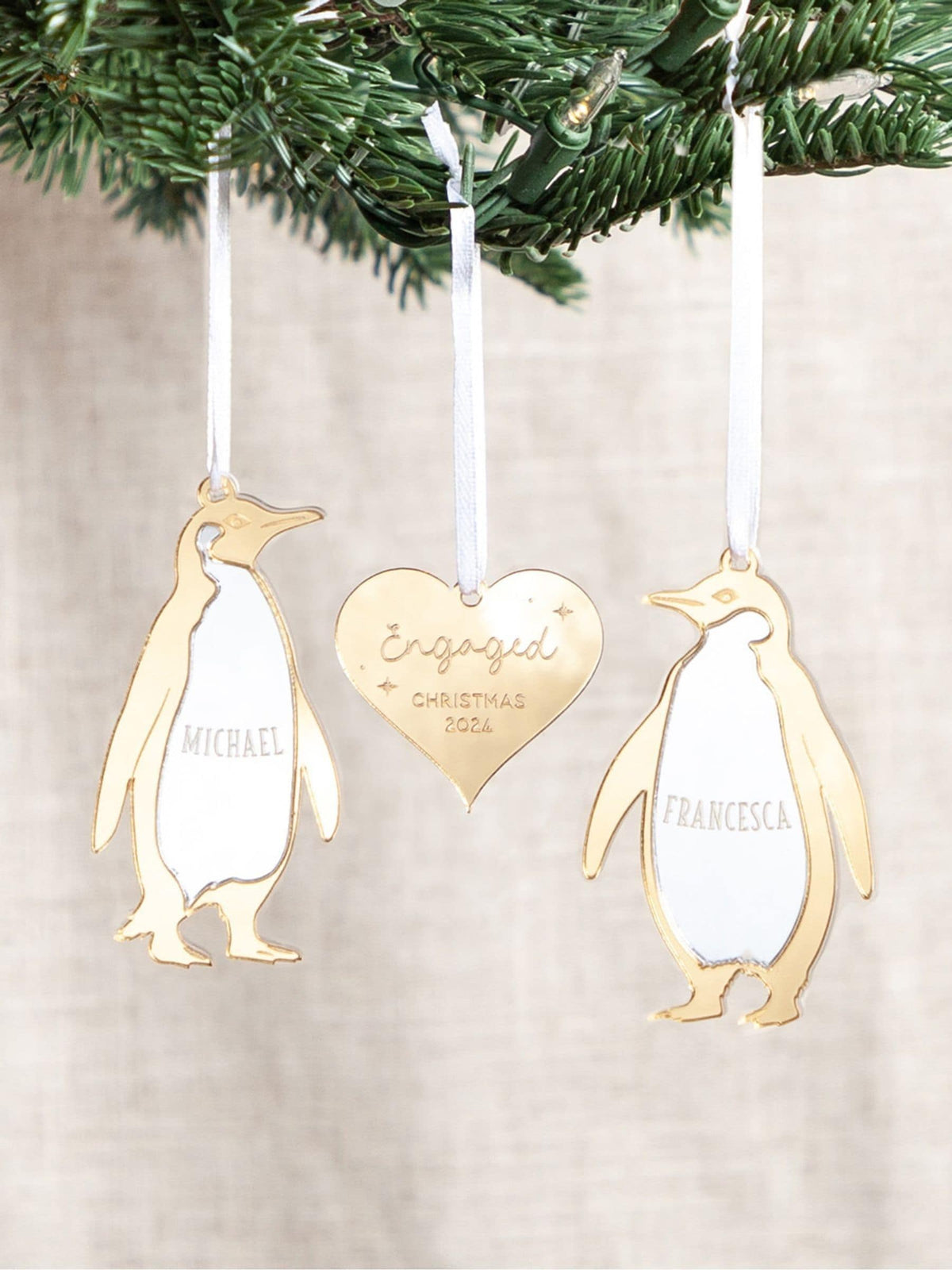 Personalised mirror penguin couple Christmas decoration - British product