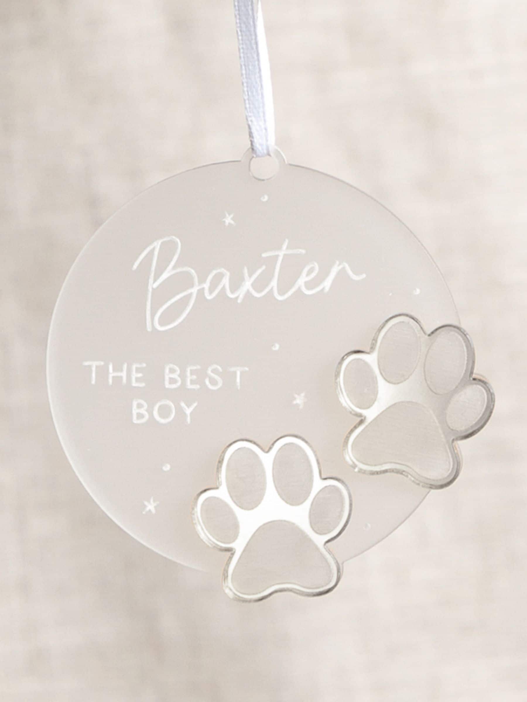 No Ordinary Gift personalised hanging decoration with metallic paw prints, UK version