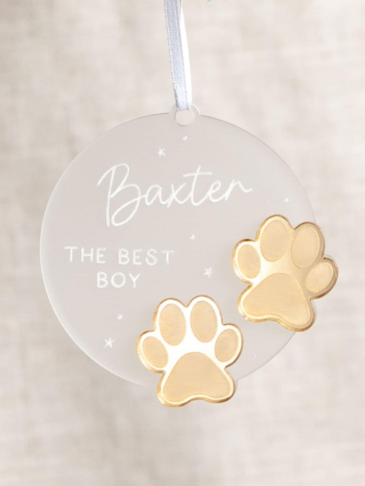 No Ordinary Gift personalised hanging decoration with metallic paw prints, UK version