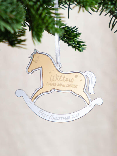 Next No Ordinary Gift Personalised Metallic Mirror Rocking Horse First Christmas Decoration 9.5 x 7.5 cm- Buy online at McGrocer