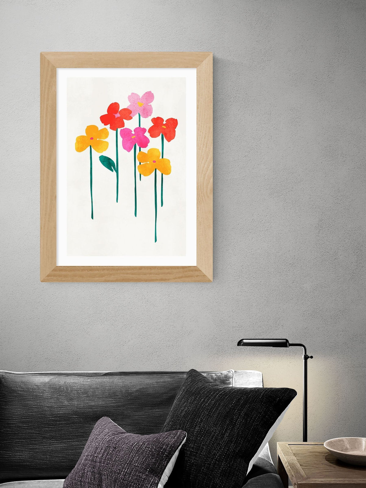 Minimal Abstract Floral Framed Print with Oak Frame