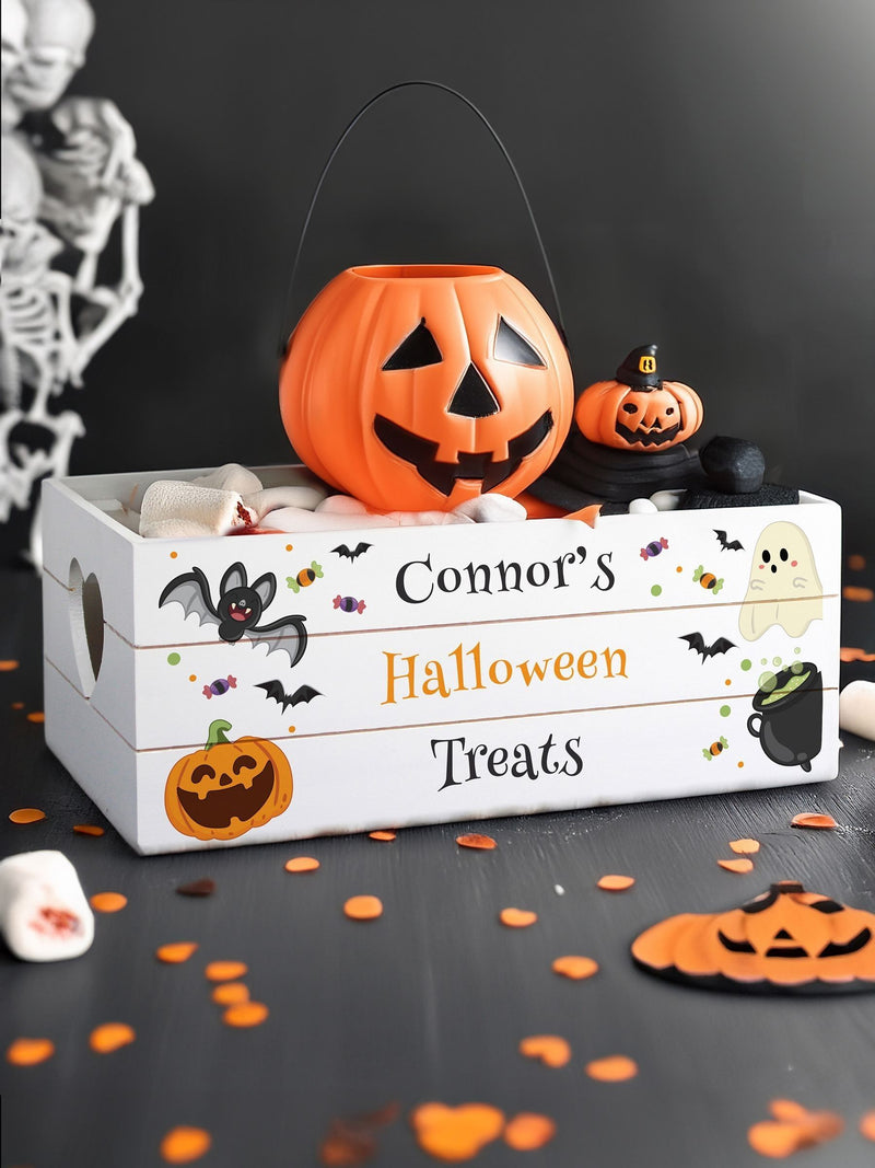 PMC personalised Halloween wooden treats crate, British brand