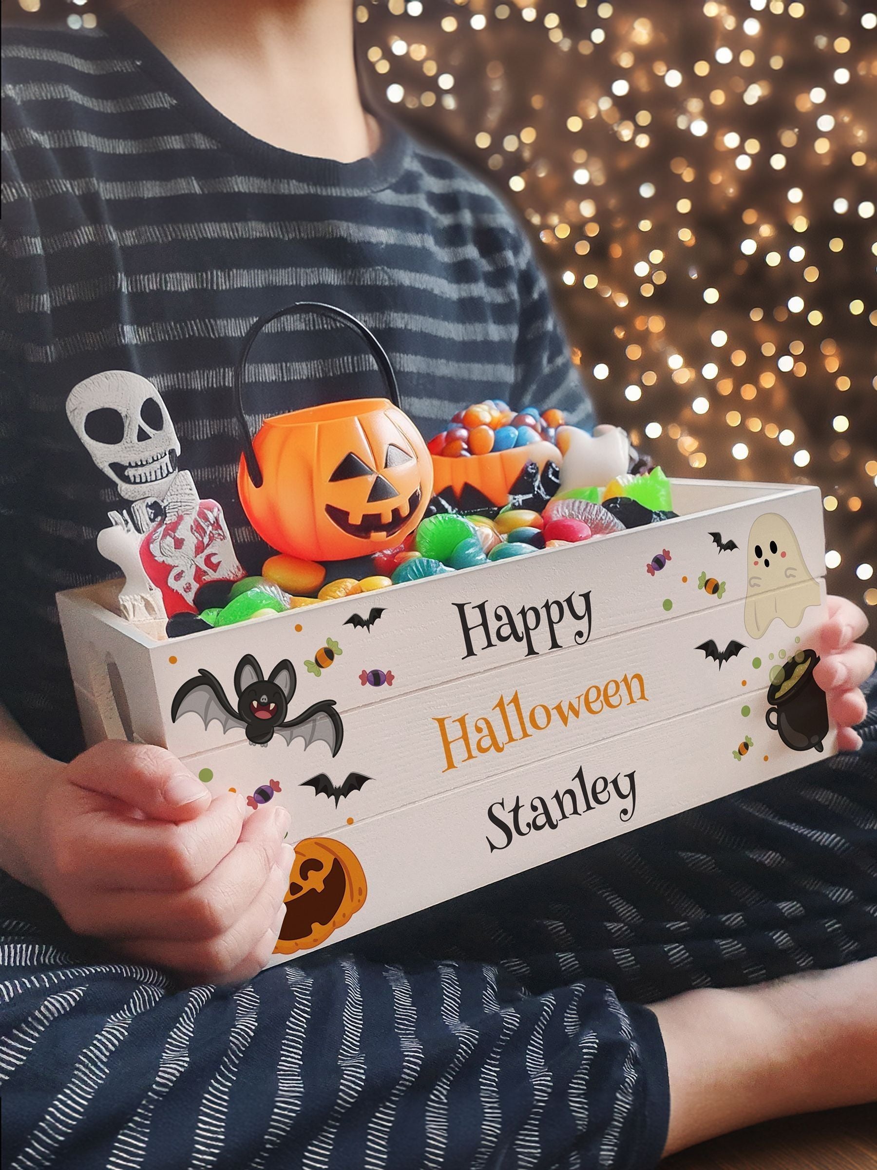 PMC personalised Halloween wooden treats crate, British brand