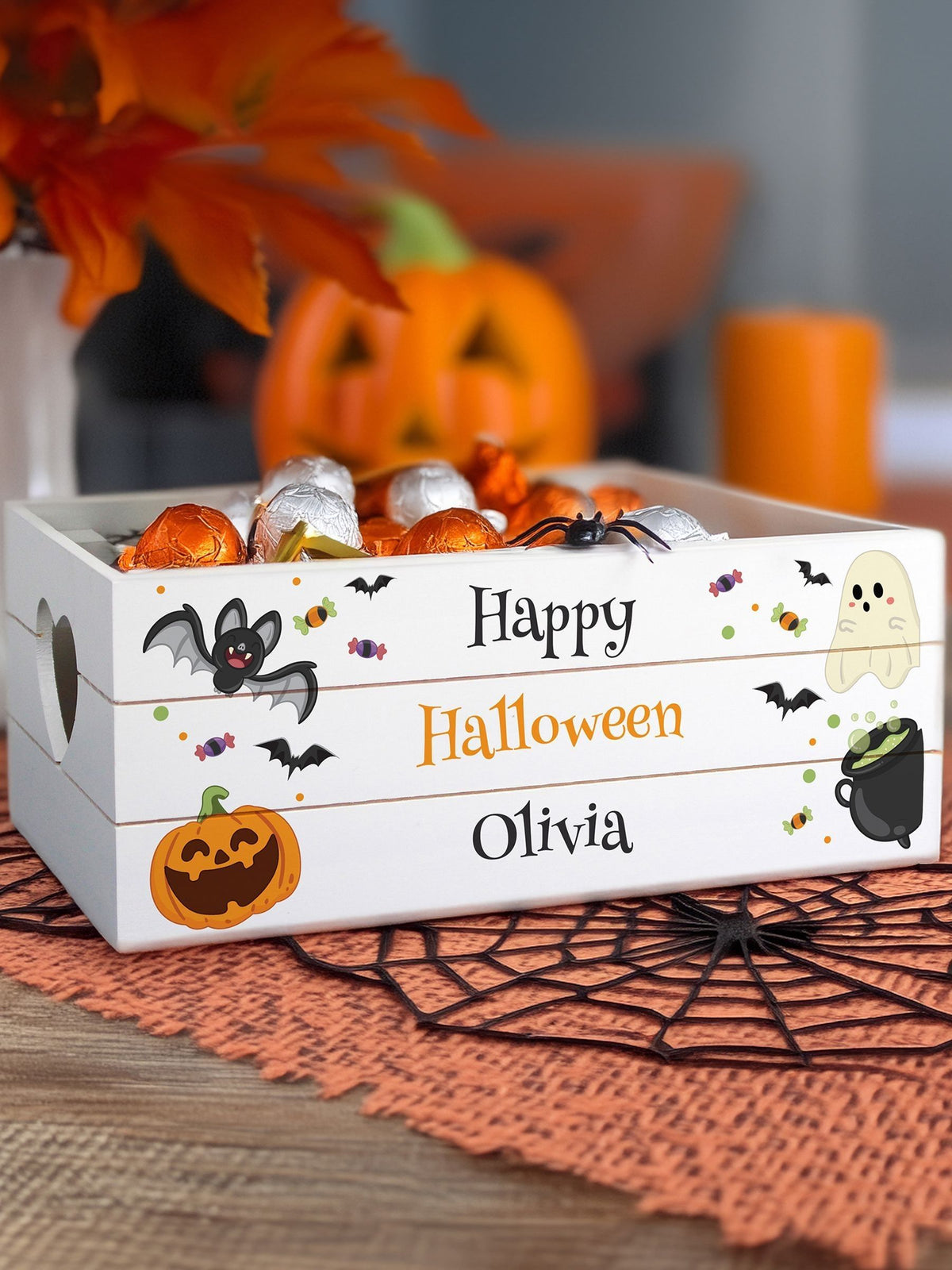 PMC personalised Halloween wooden treats crate, British brand