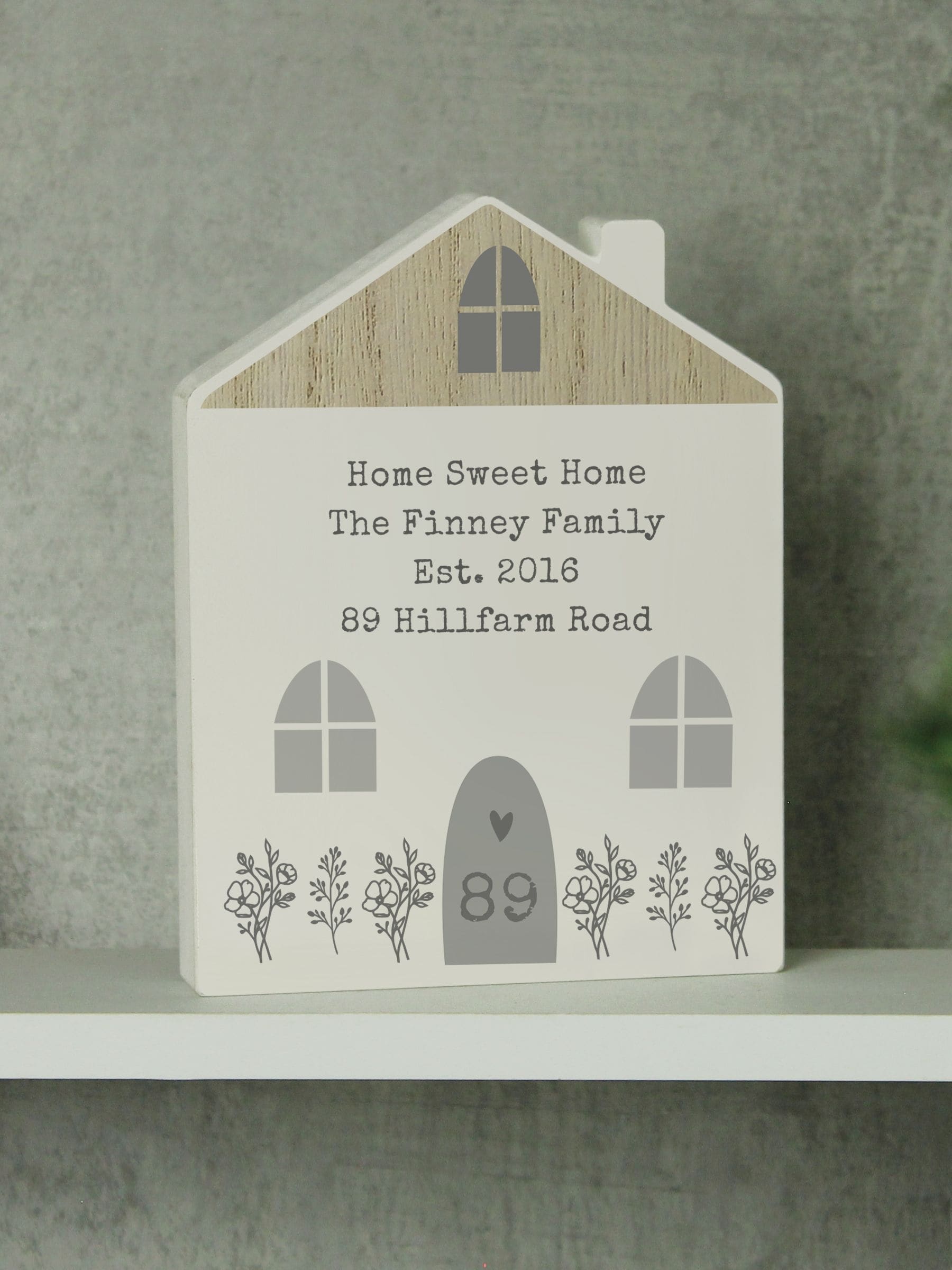 PMC personalised grey wooden house ornament 17.5cm tall, imported from the UK