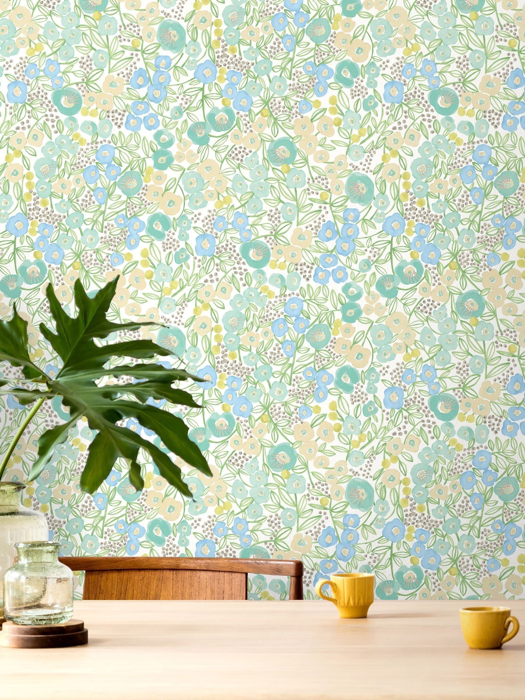 Ohpopsi Teal Flora wallpaper 10m, UK version
