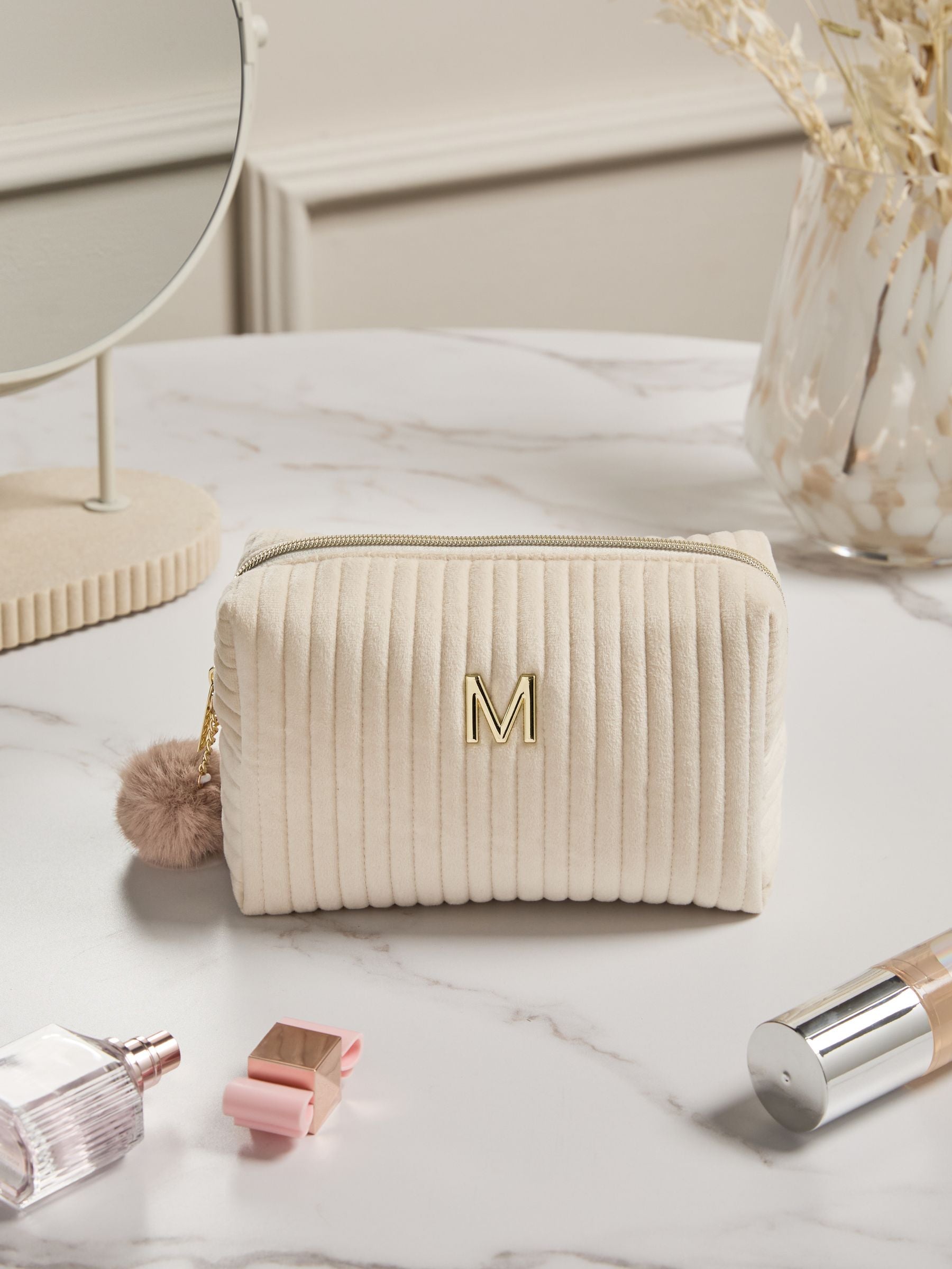 Personalised alphabet makeup bag in ribbed velvet, imported from the UK