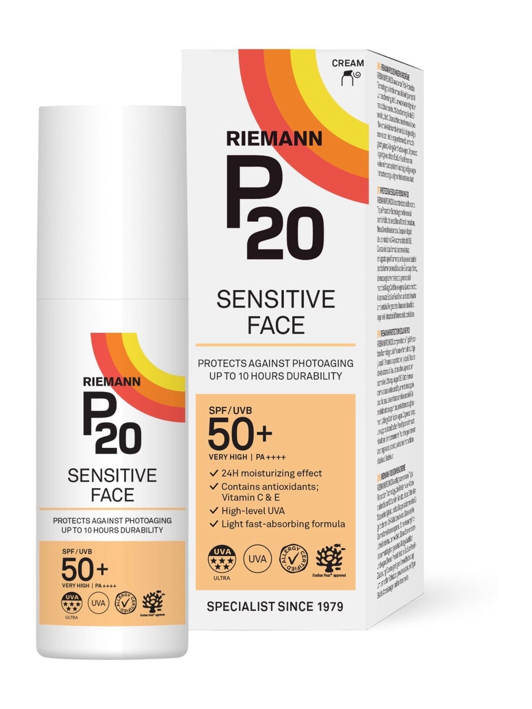 P20 SPF50+ suncream for sensitive face, UK version