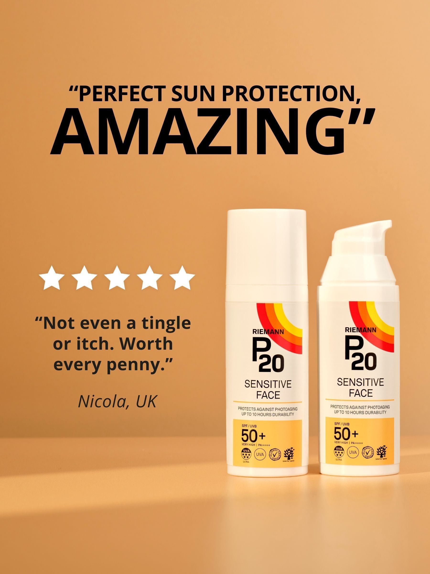 P20 SPF50+ suncream for sensitive face, UK version