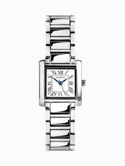 Montre Analogique avec Cadran Blanc et Chiffres Romains, Bracelet en Alliage Plaqué Or, Boîtier Rectangulaire, 21 mm