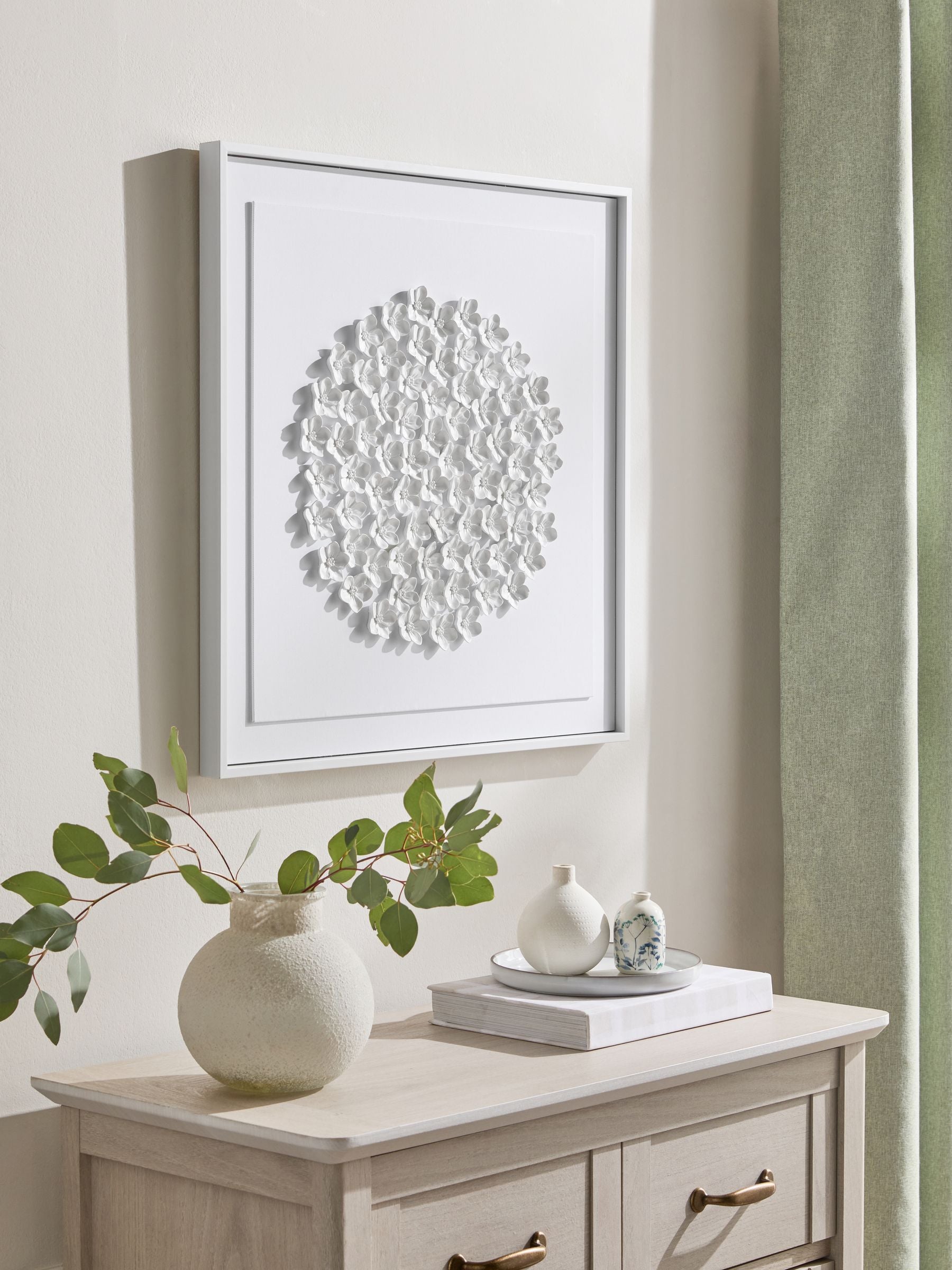 White 3D flowers framed wall art 60cm x 60cm (British brand)