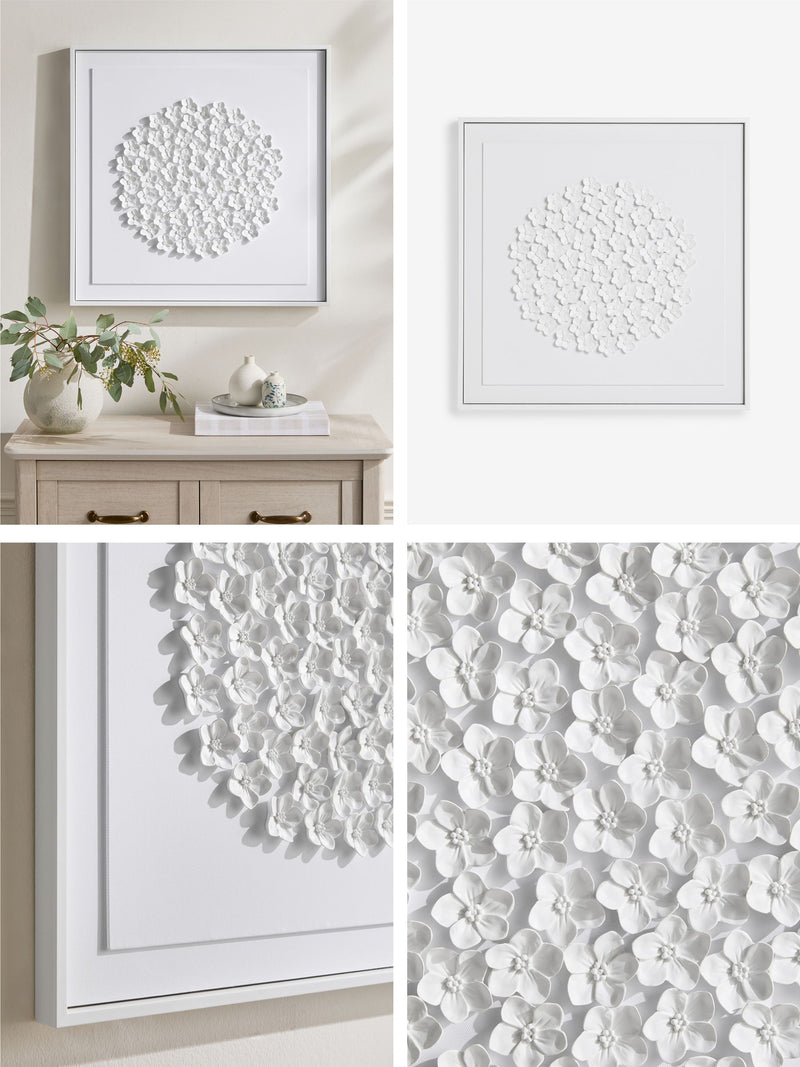 White 3D flowers framed wall art 60cm x 60cm (British brand)