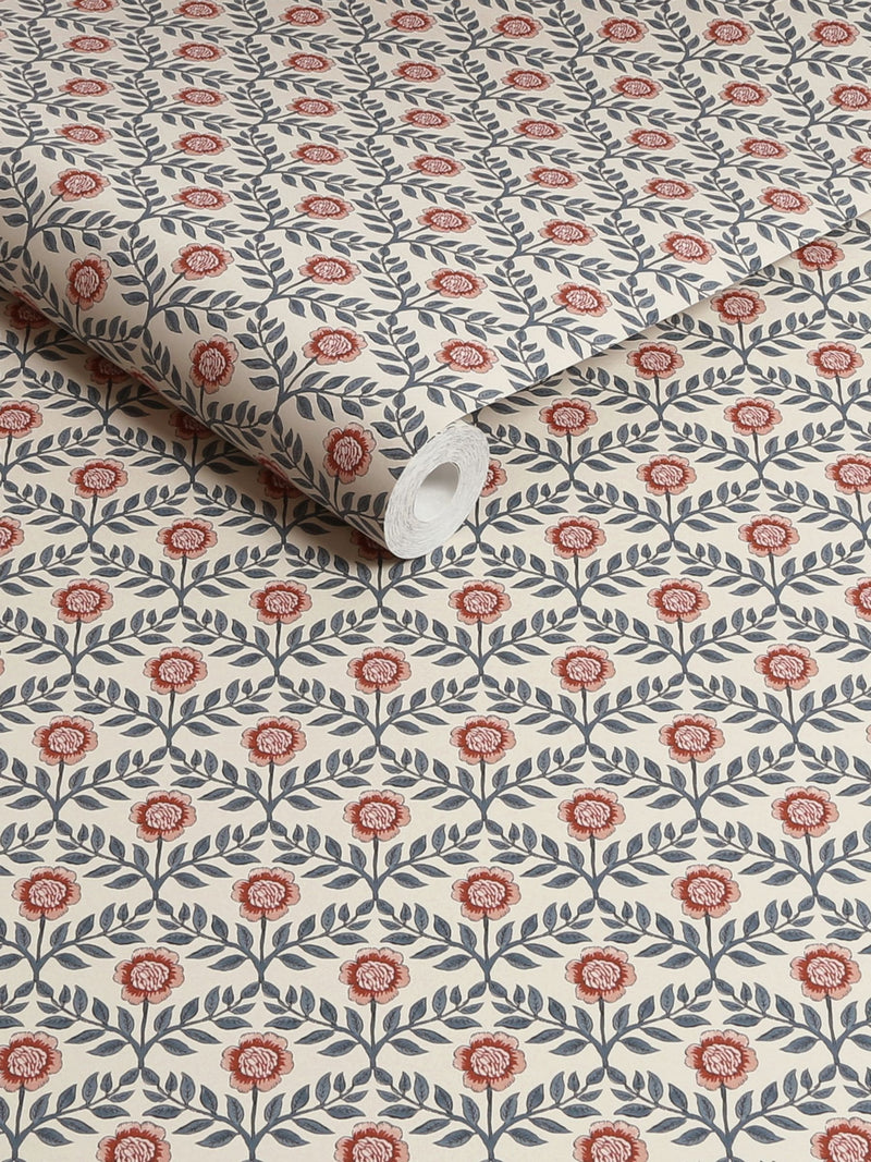 Joules Stately Floral wallpaper sample in cream blue, A4 - British product