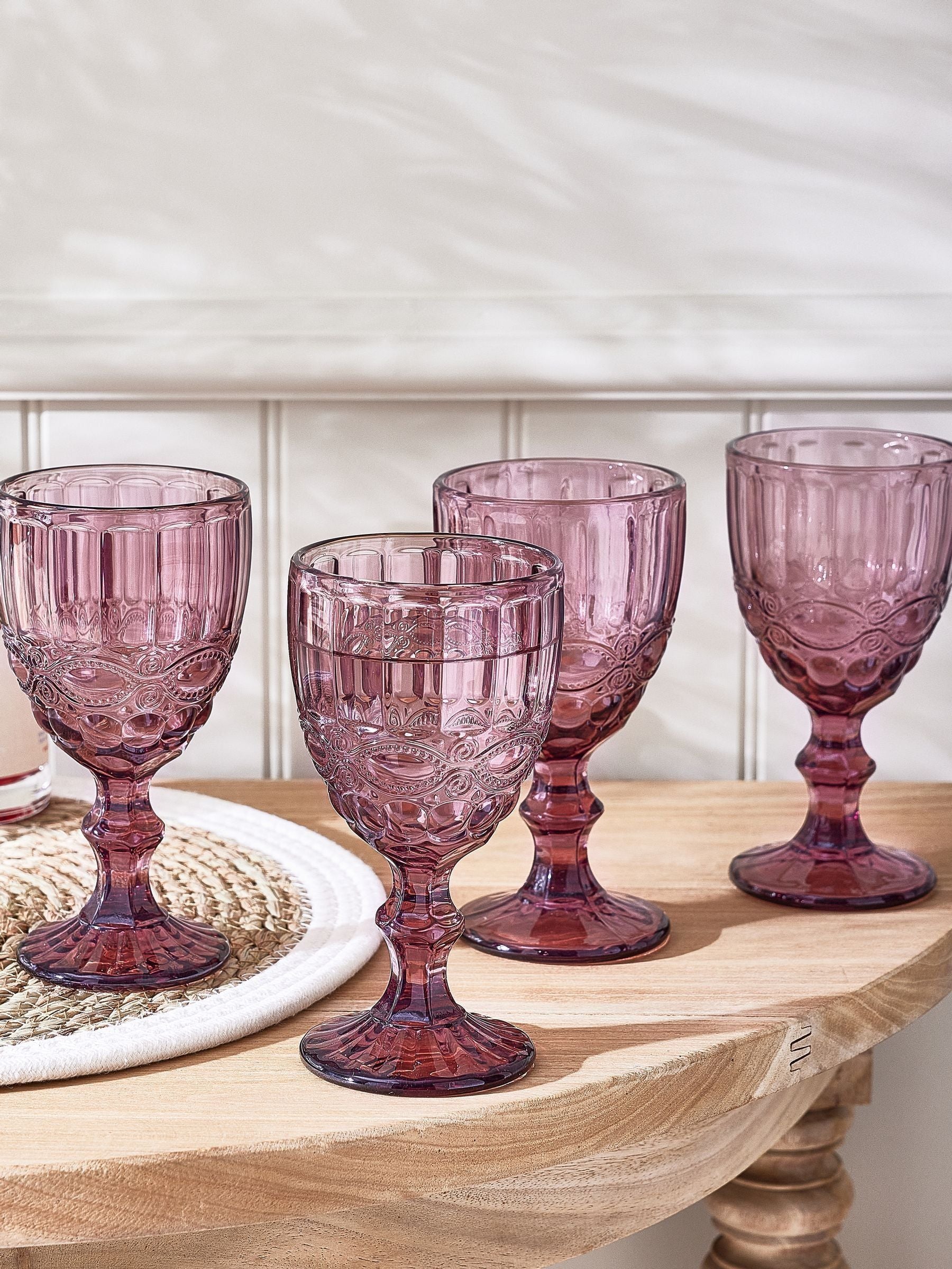 Set of 4 Embossed Amethyst Footed Wine Glasses