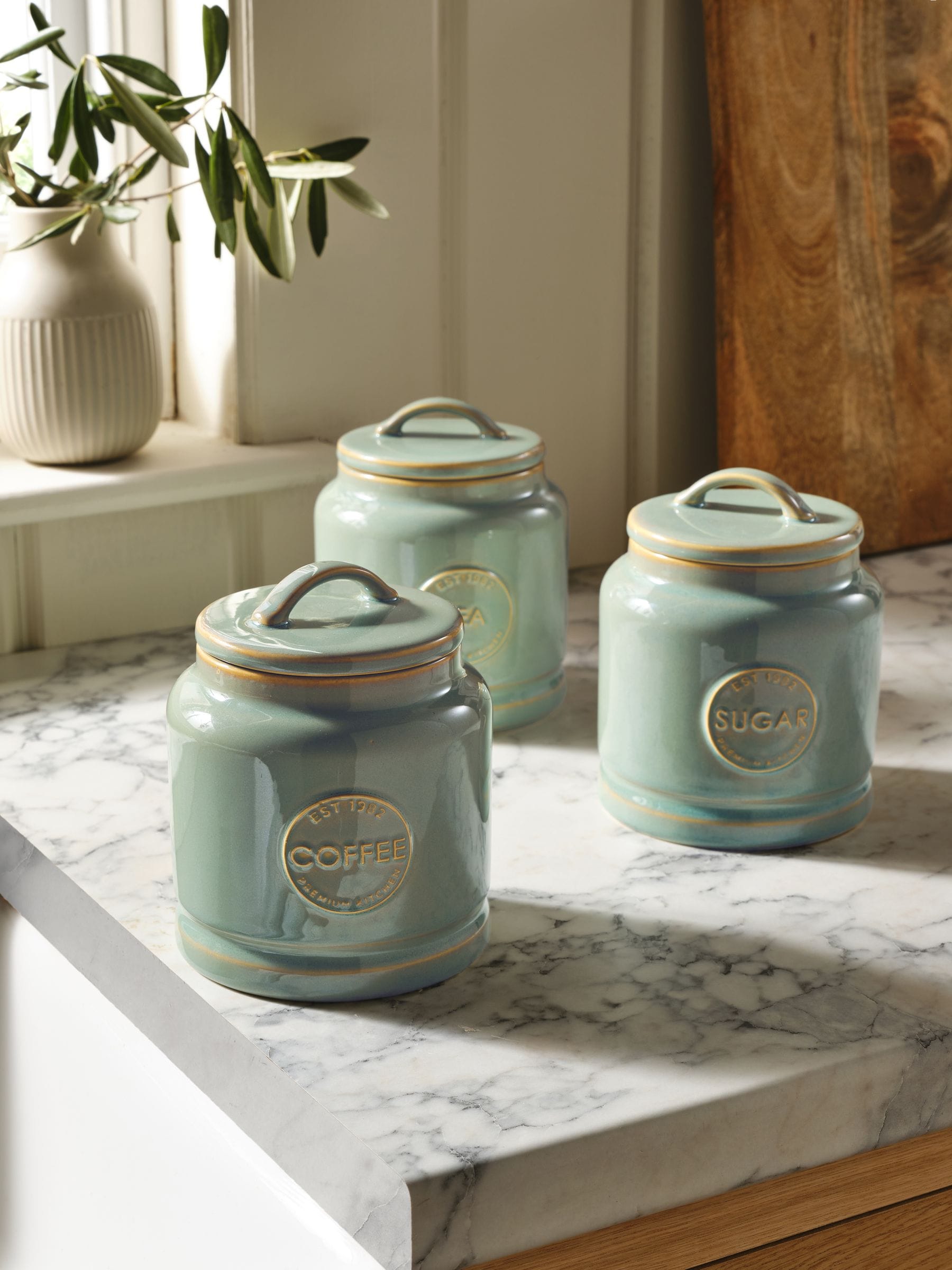 sage green storage jars set of 3 (British brand)