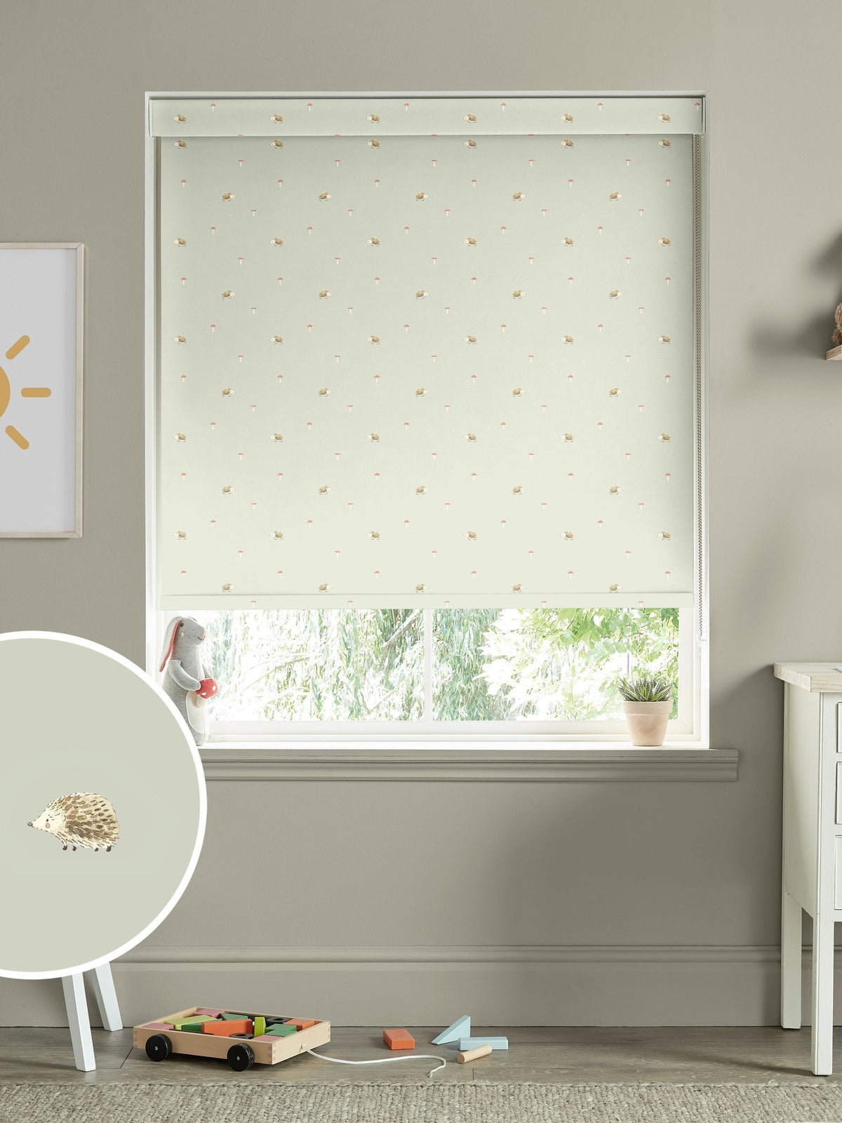 Sophie Allport sage green hedgehog roller blind (British brand)