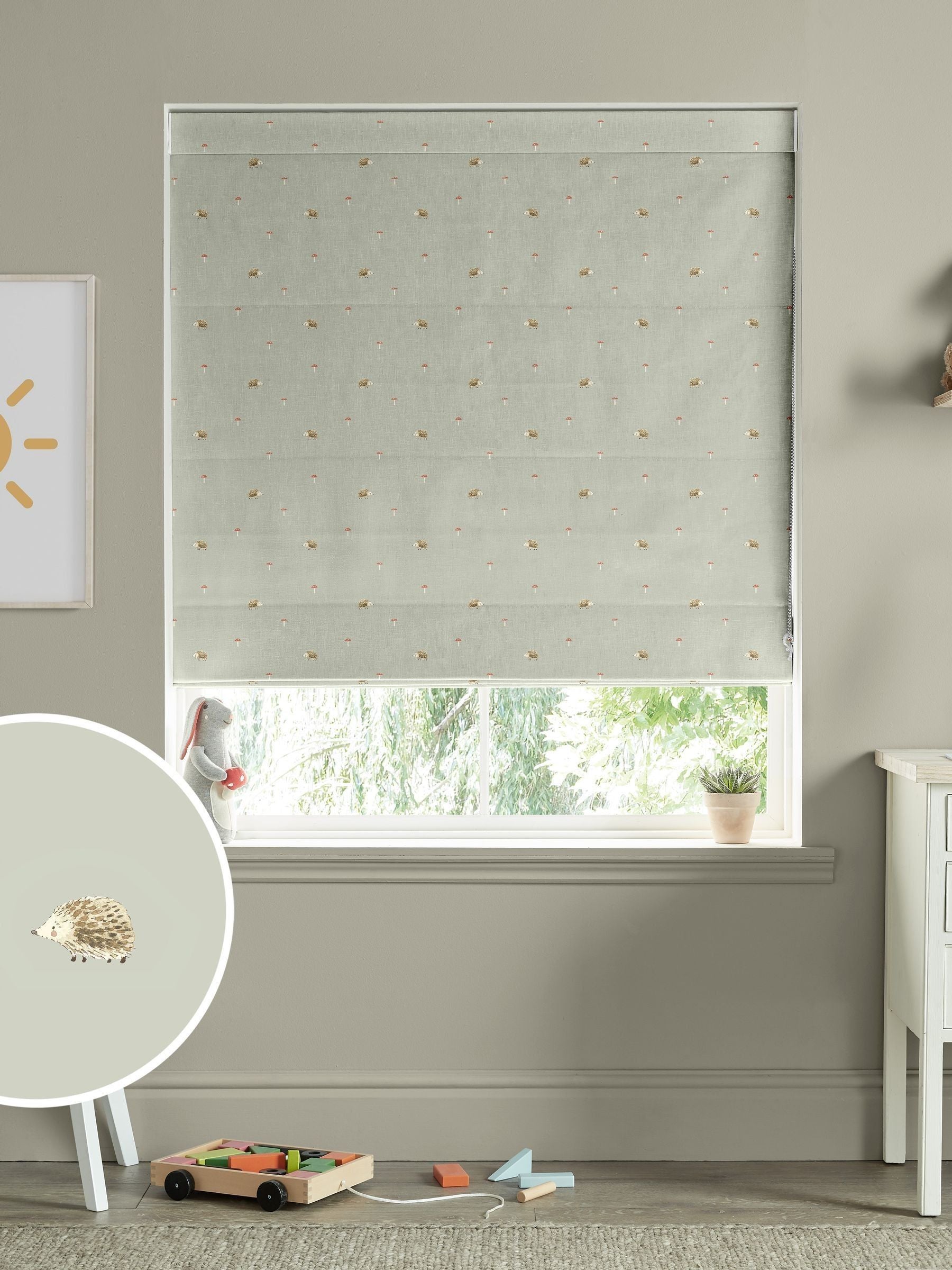Sophie Allport sage green woodland hedgehog Roman blind - British product