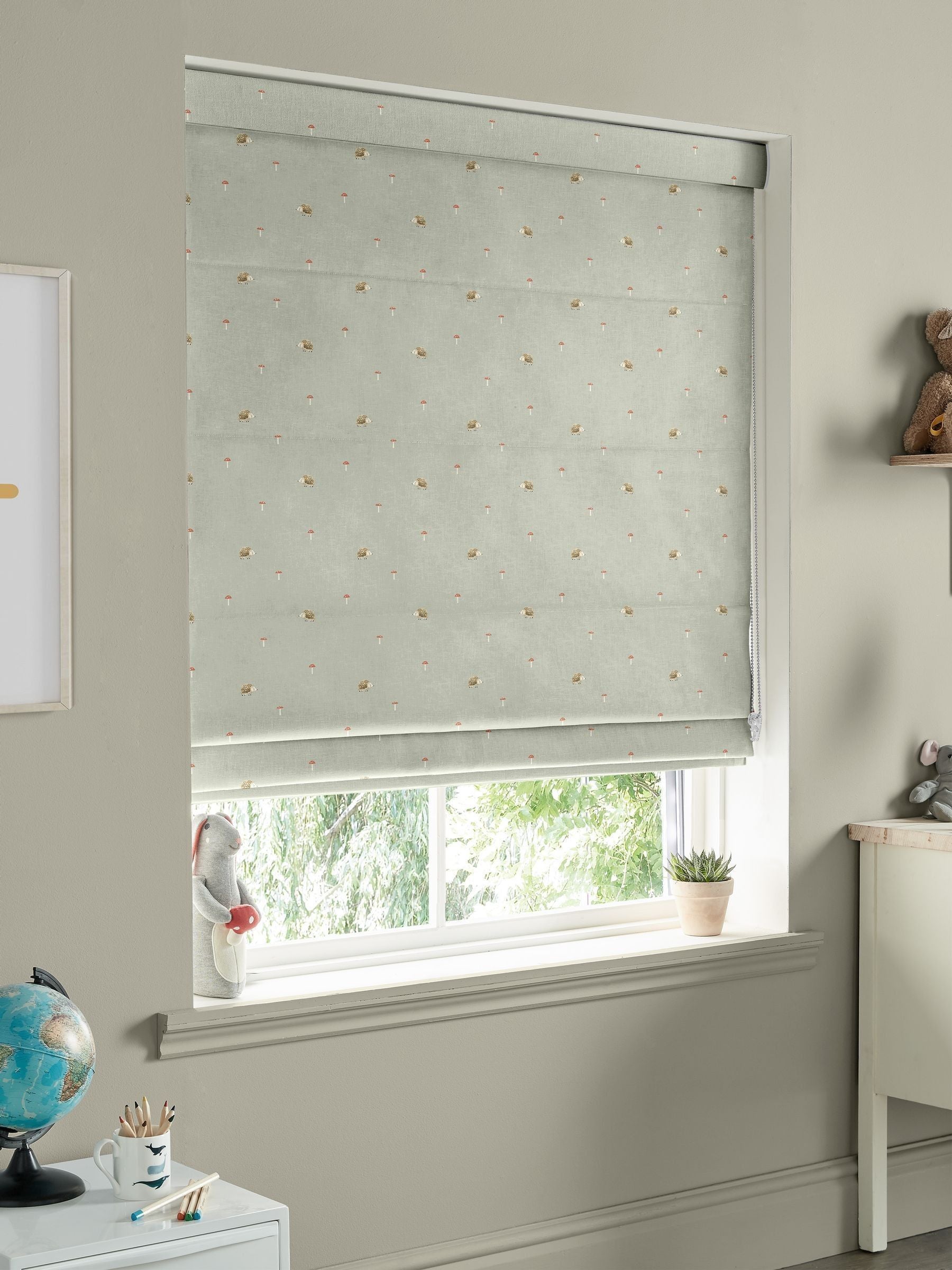 Sophie Allport sage green woodland hedgehog Roman blind - British product