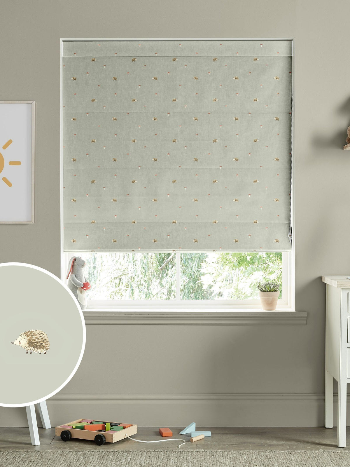 Sophie Allport sage green woodland hedgehog Roman blind - British product