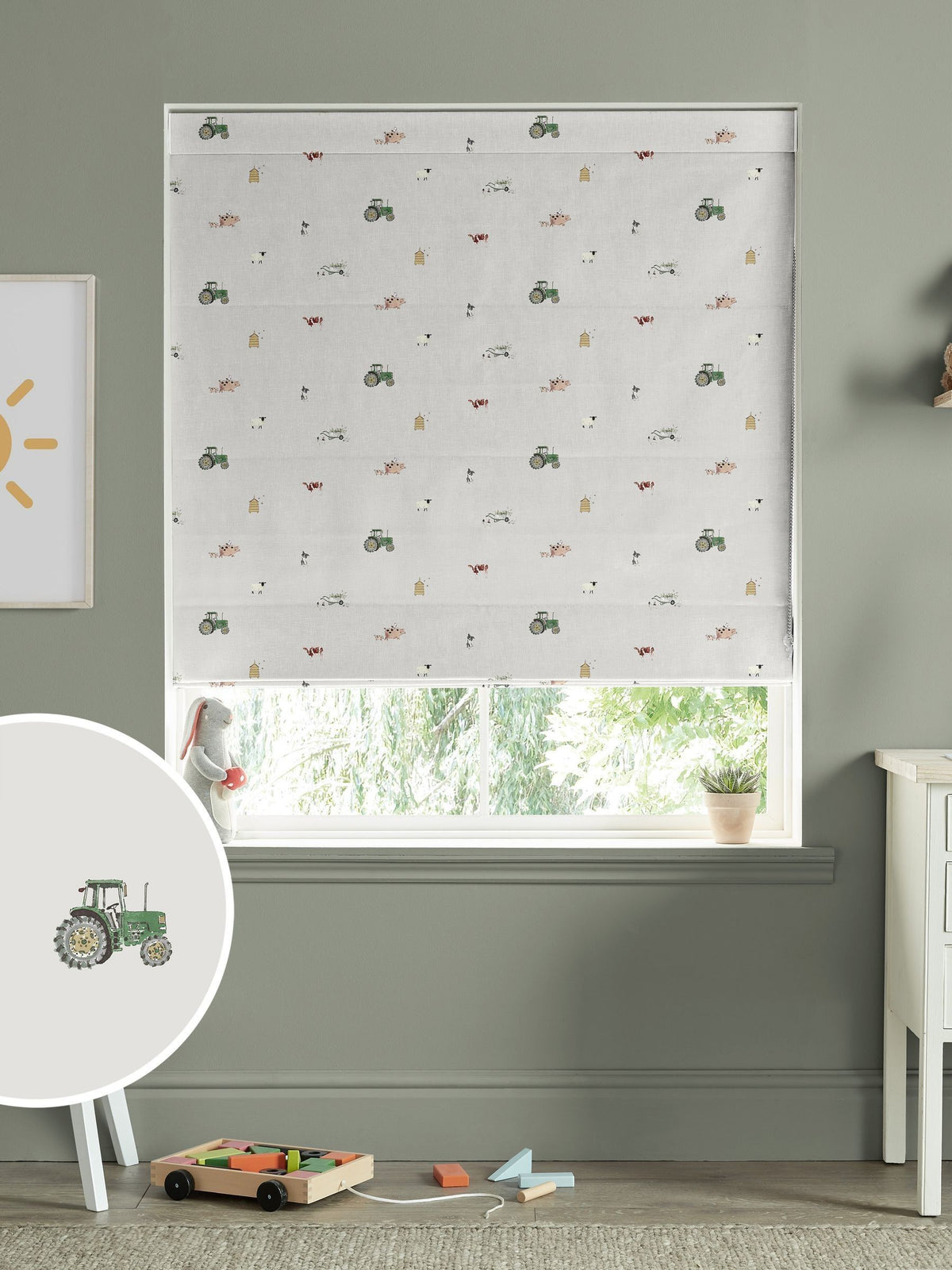 Sophie Allport On the Farm Roman blind in soft grey, UK version