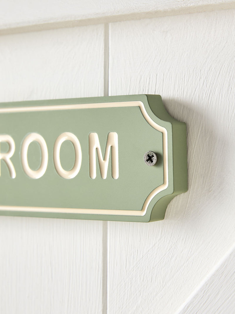 Green Sage reversible bathroom door sign with slogan, 11.5cm x 11cm, UK version