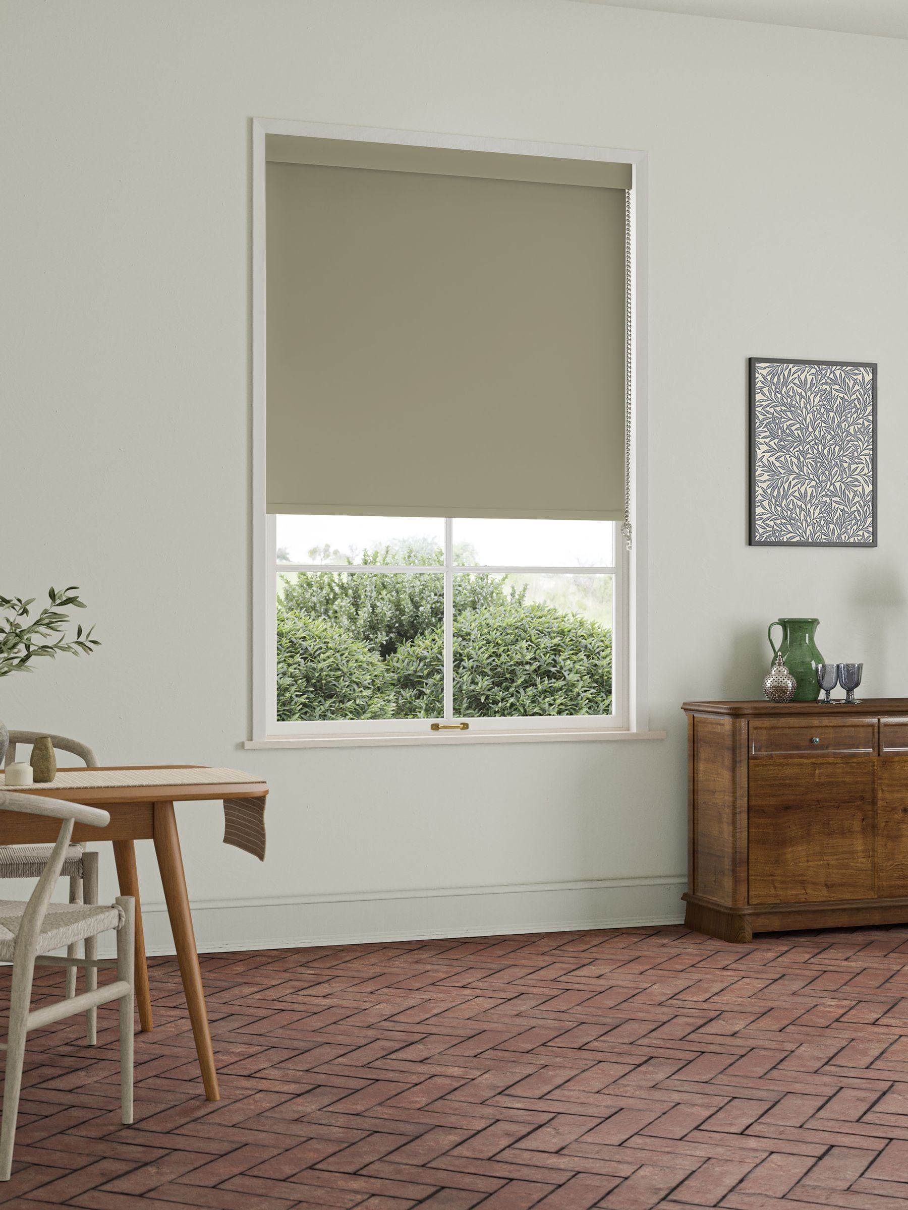 William Morris roller blind in stone grey, imported from the UK