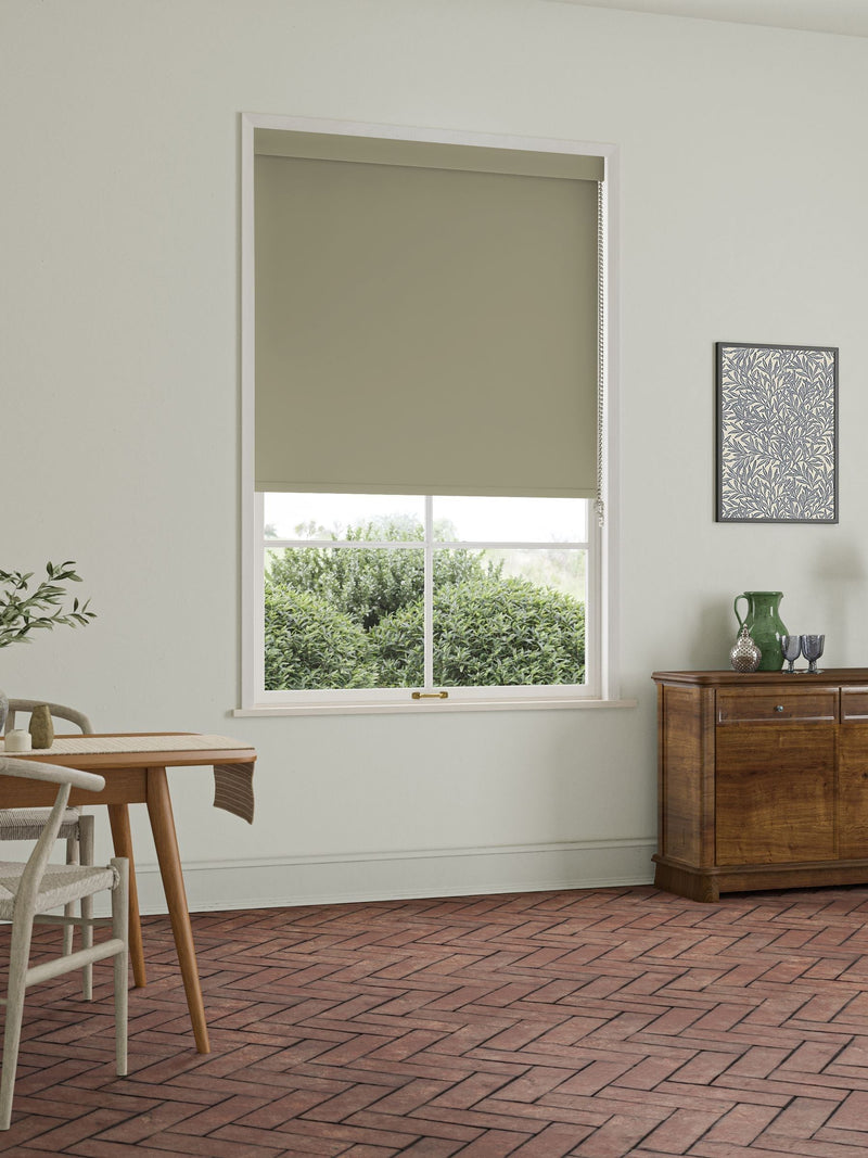 William Morris roller blind in stone grey, imported from the UK