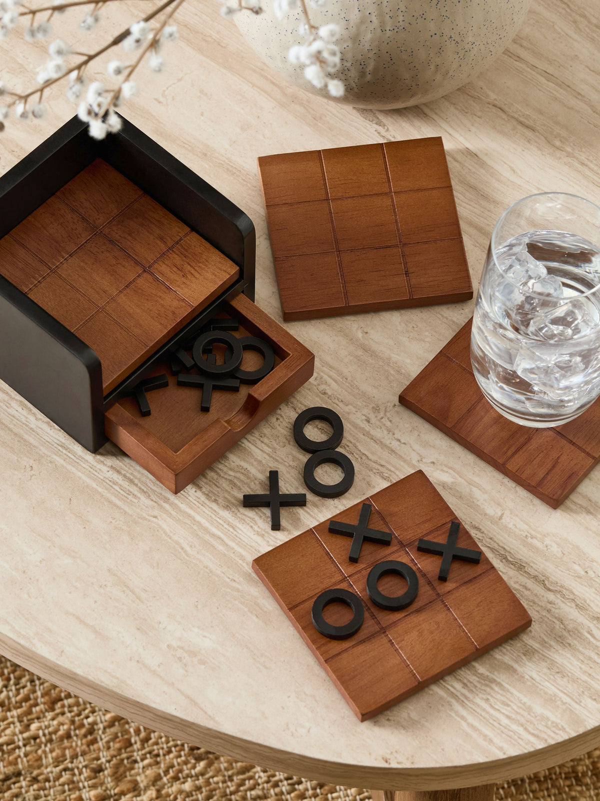 Natural Bronx noughts and crosses wooden coasters (British brand)
