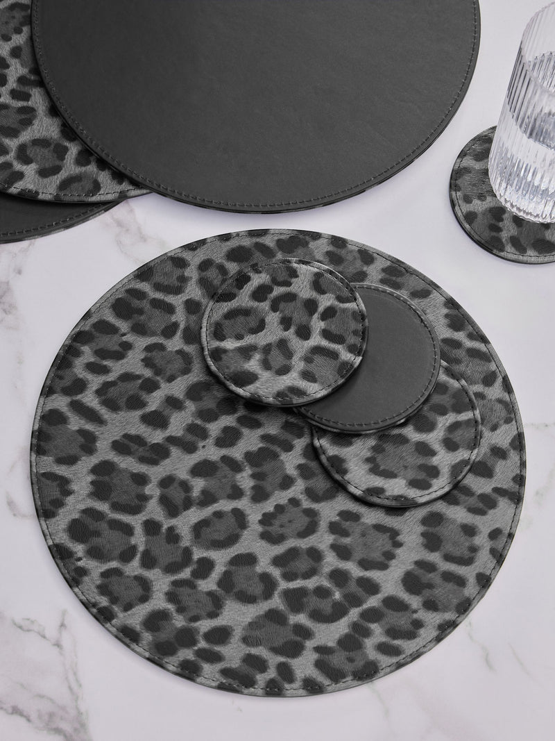 Set of 4 Black Leopard Printed Faux Leather Placemats and Coasters