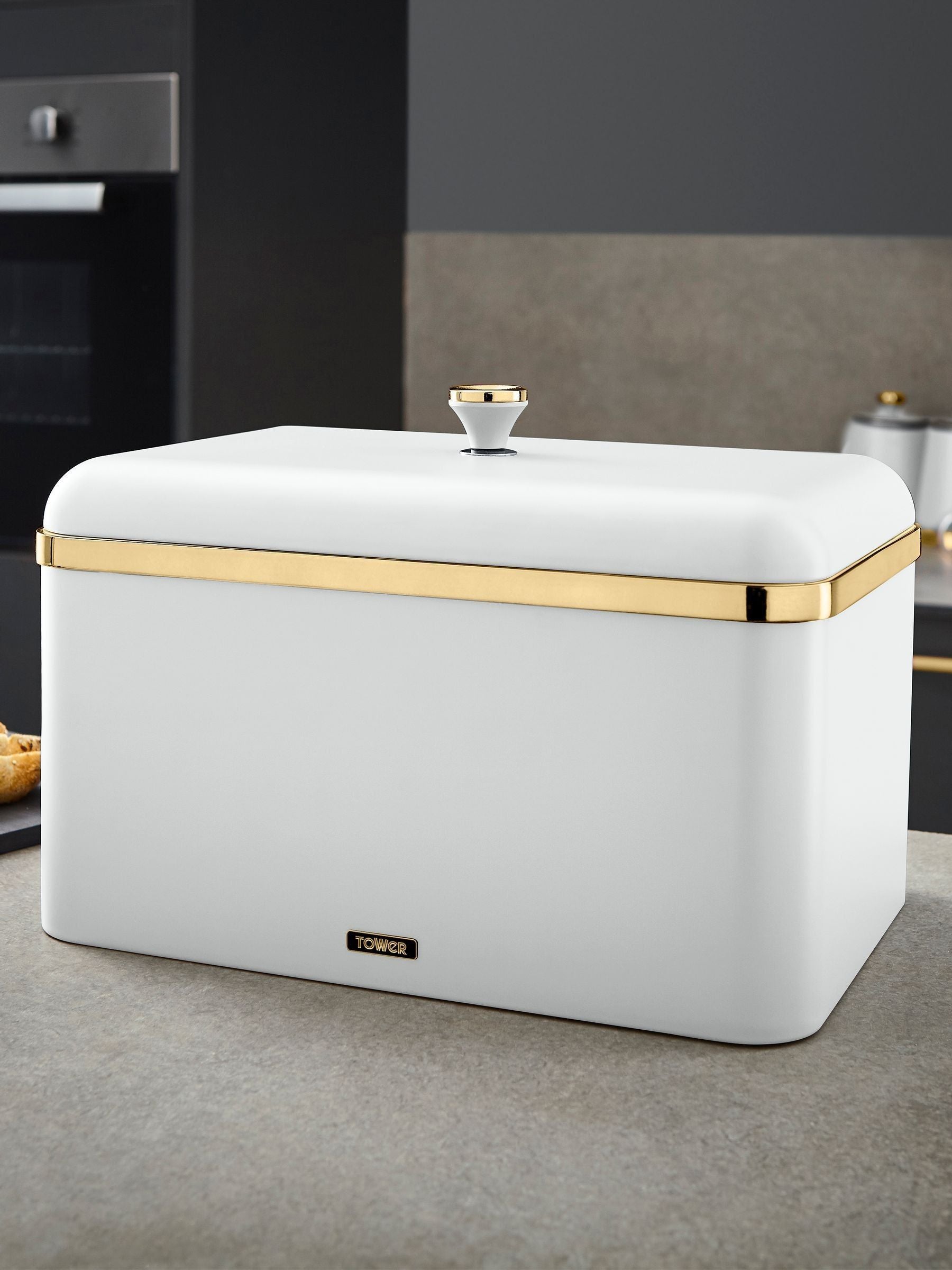 Contemporary Steel Bread Bin with Gold Accents, 35x23x24cm