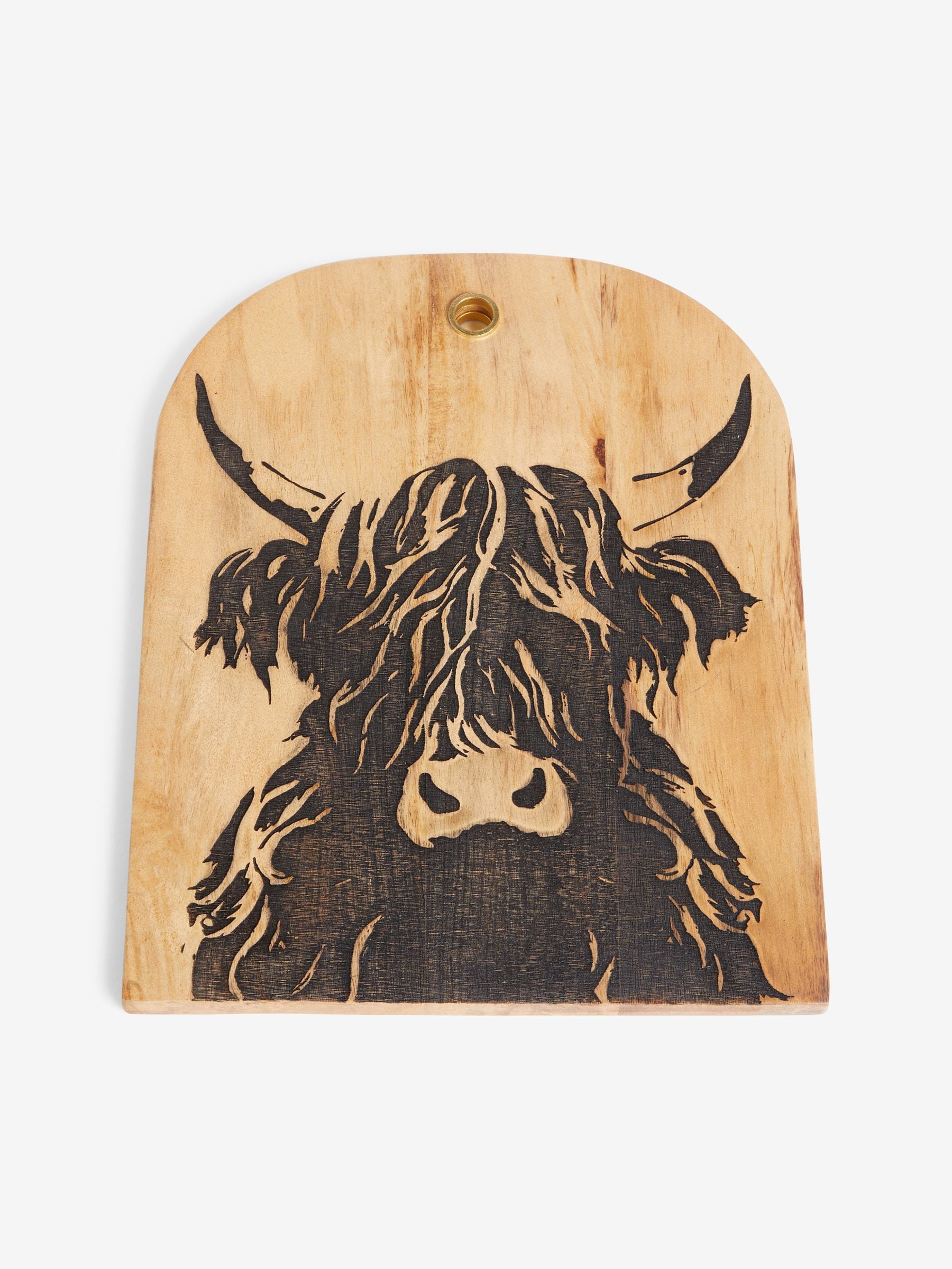 Wooden serving board with Hamish the Highland Cow design 27x34cm, imported from the UK
