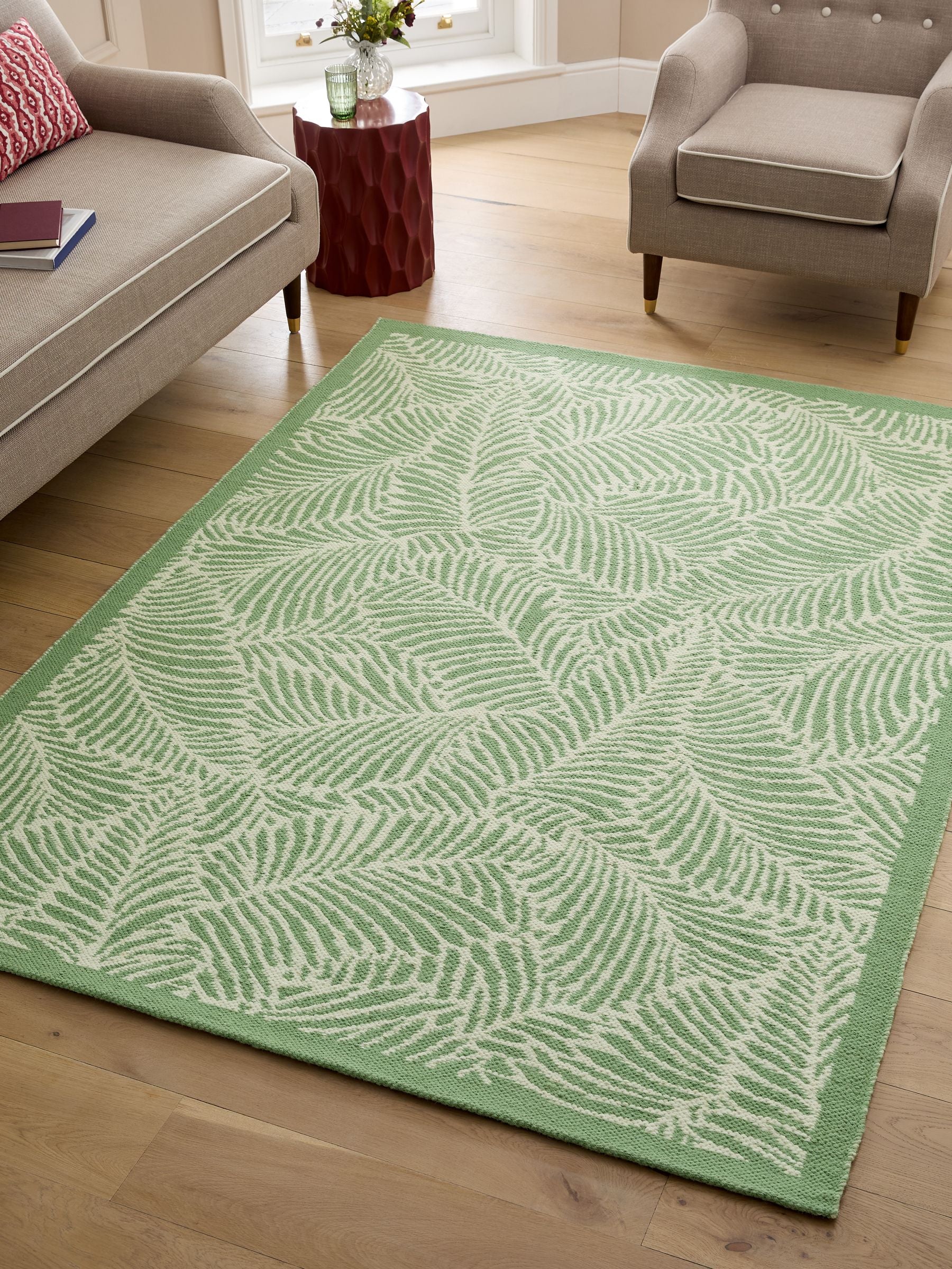 Nina Campbell green tree fern flatweave wool rug (British brand)