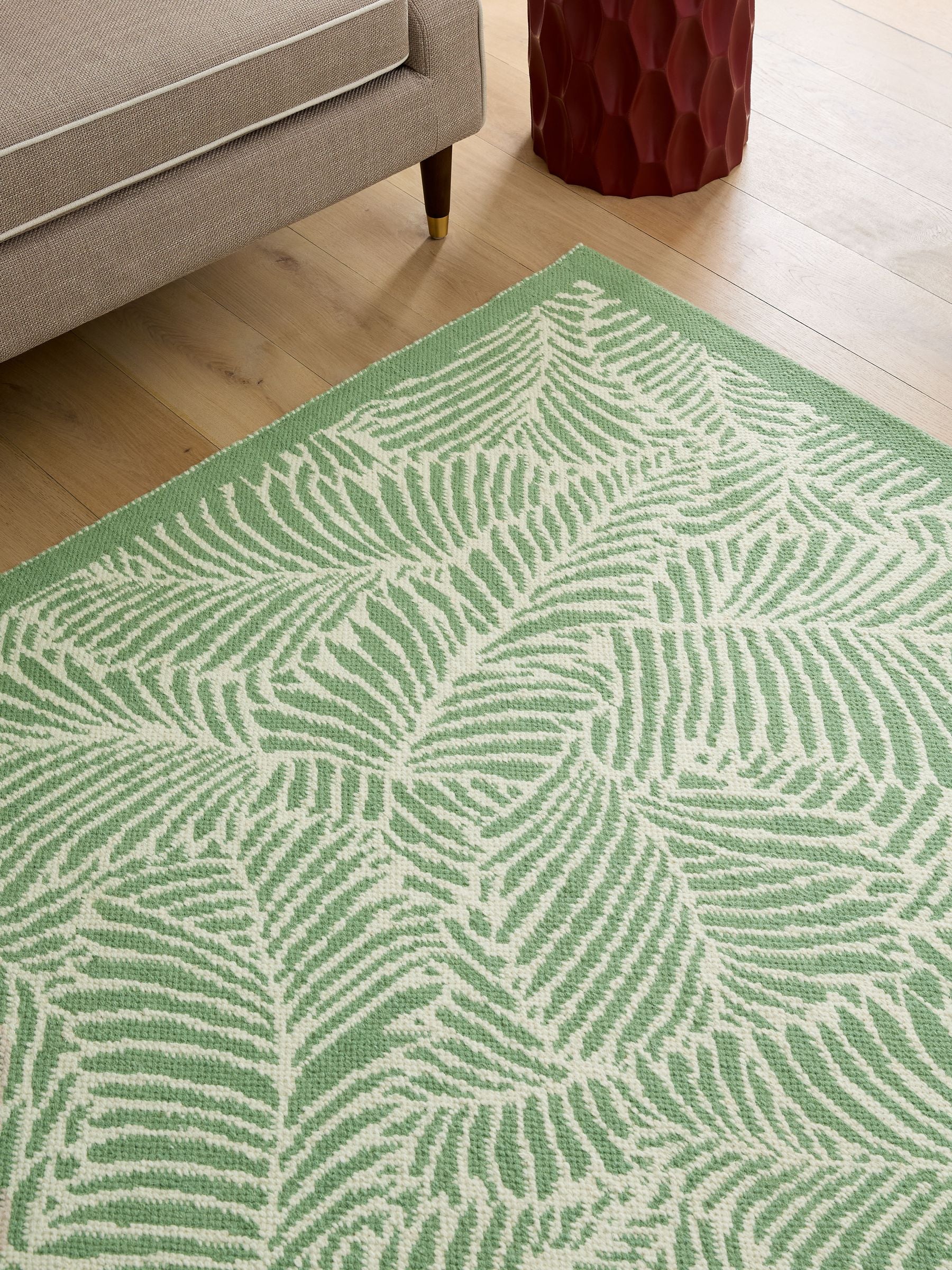 Nina Campbell green tree fern flatweave wool rug (British brand)