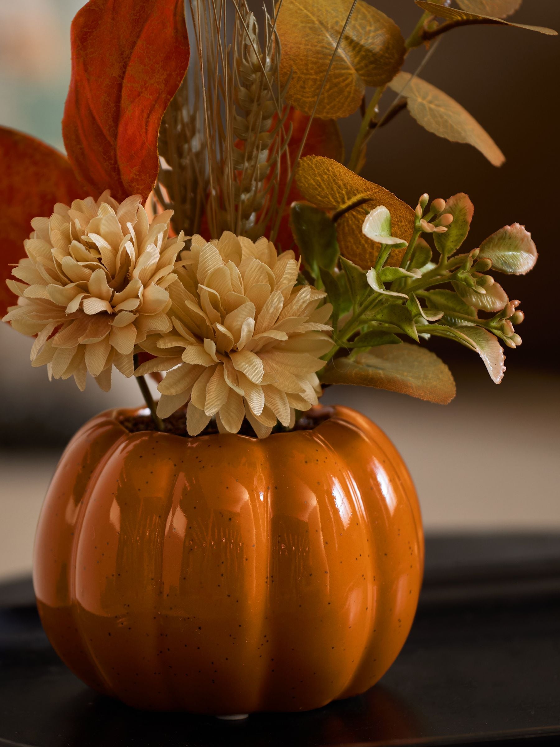 Orange artificial flowers in ceramic pumpkin pot 28cm, imported from the UK