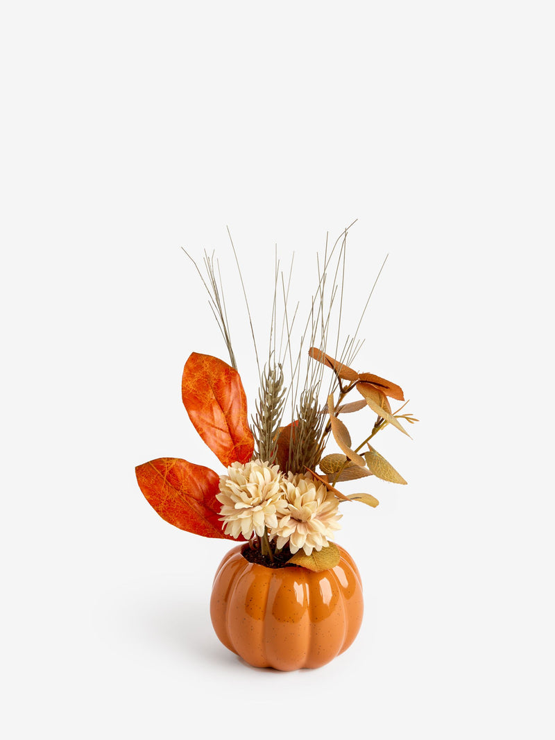 Orange artificial flowers in ceramic pumpkin pot 28cm, imported from the UK