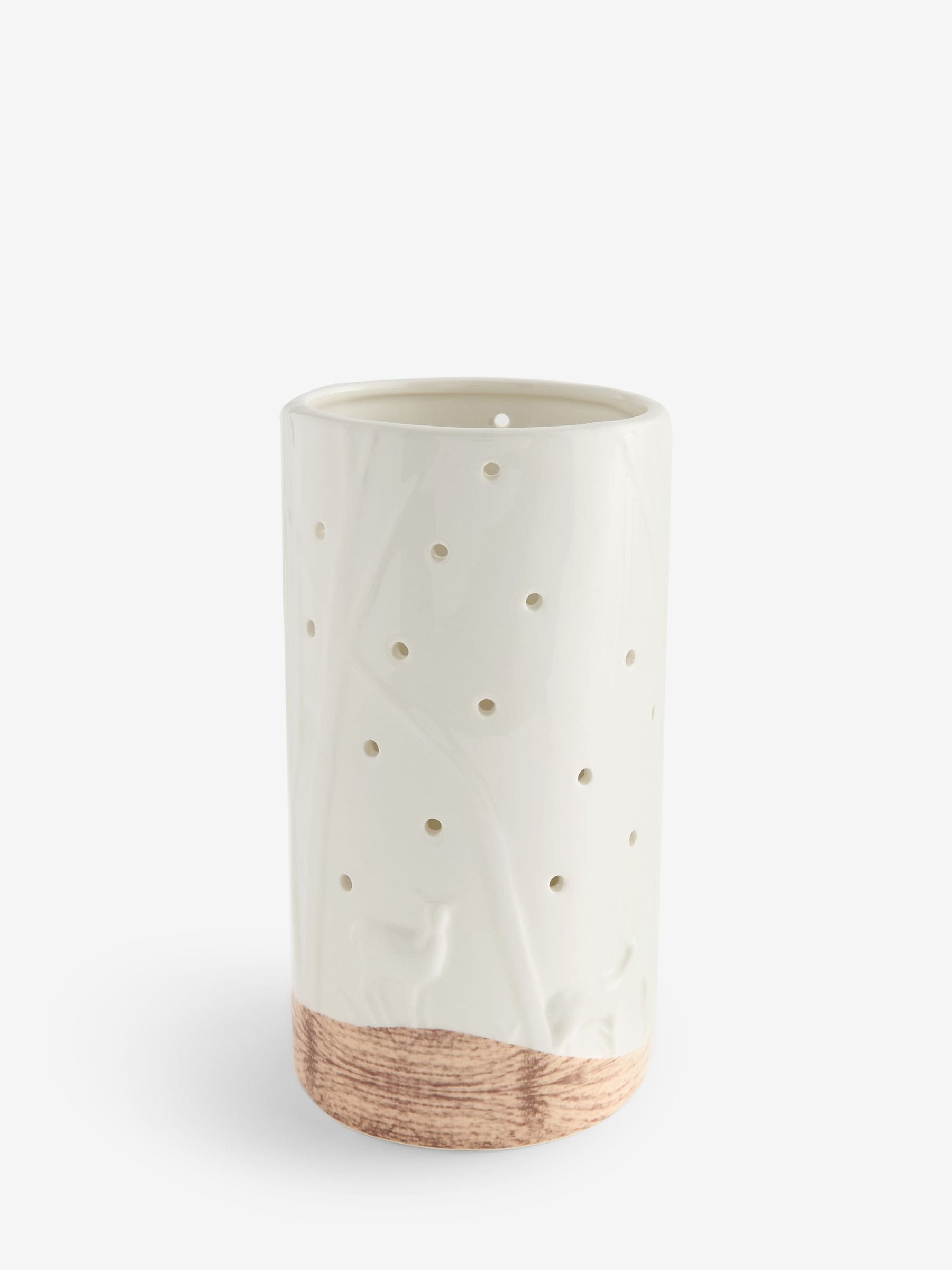 White ceramic woodland scene hurricane candle holder 22.5cm height (British brand)
