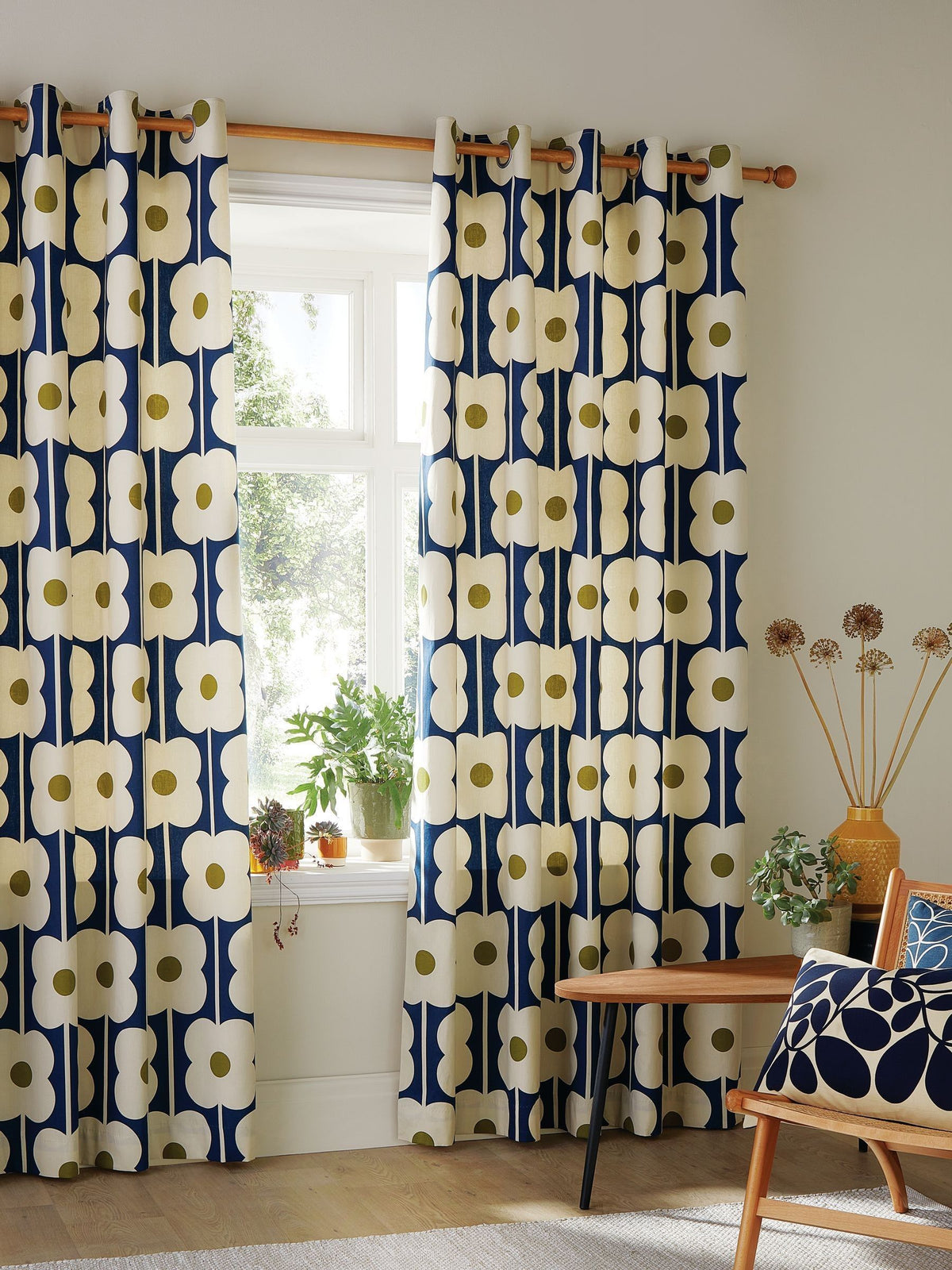 Orla Kiely Navy Abacus Flower eyelet curtains (British brand)