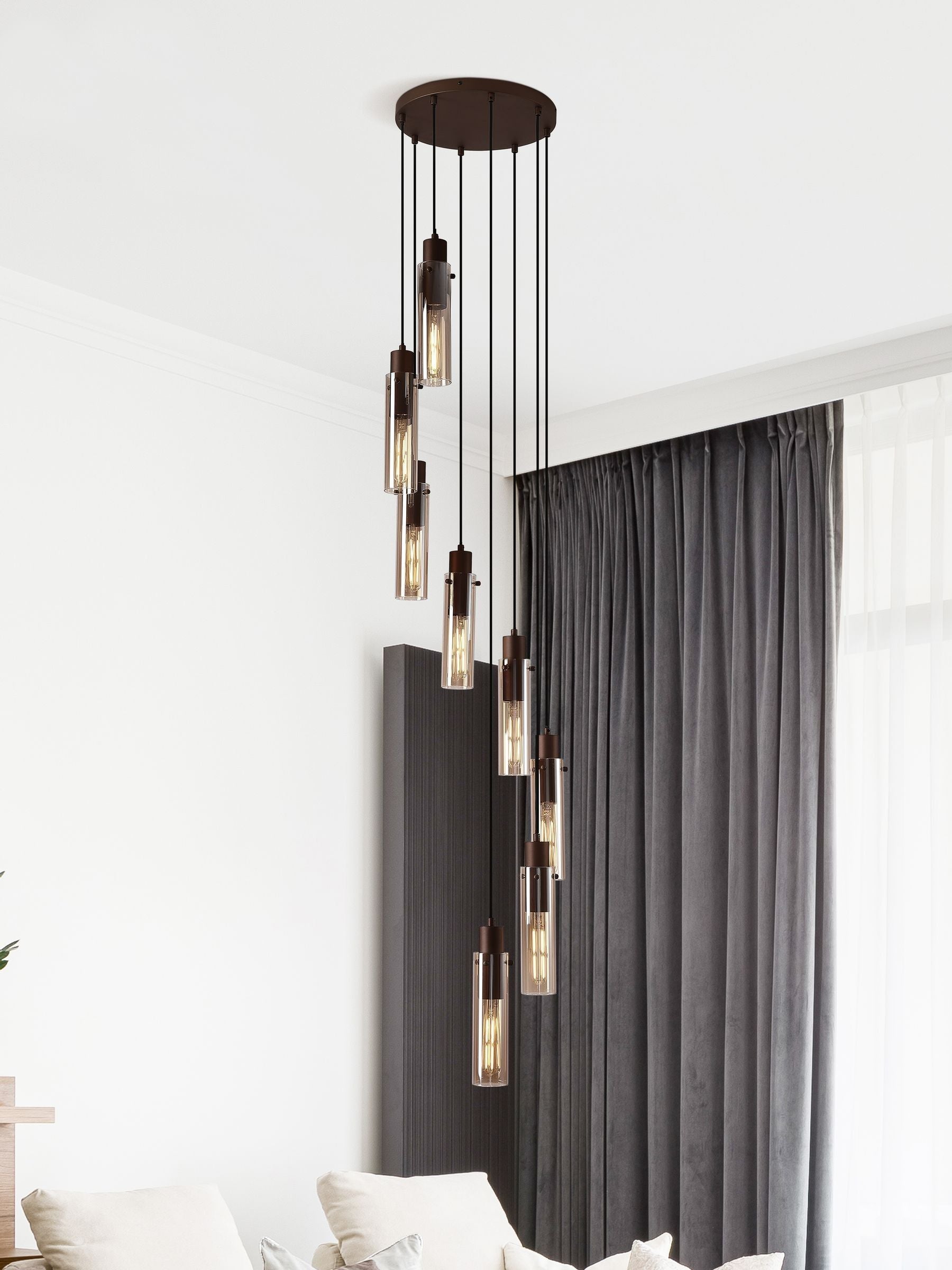 Searchlight Fira pendant light with amber glass shades, imported from the UK