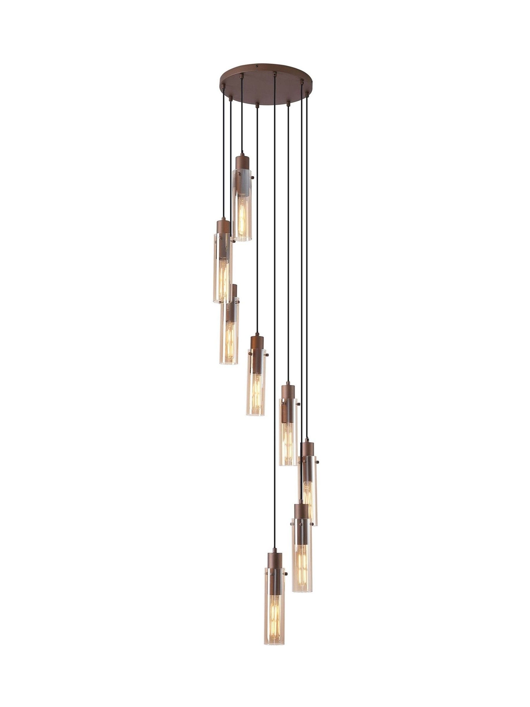 Searchlight Fira pendant light with amber glass shades, imported from the UK
