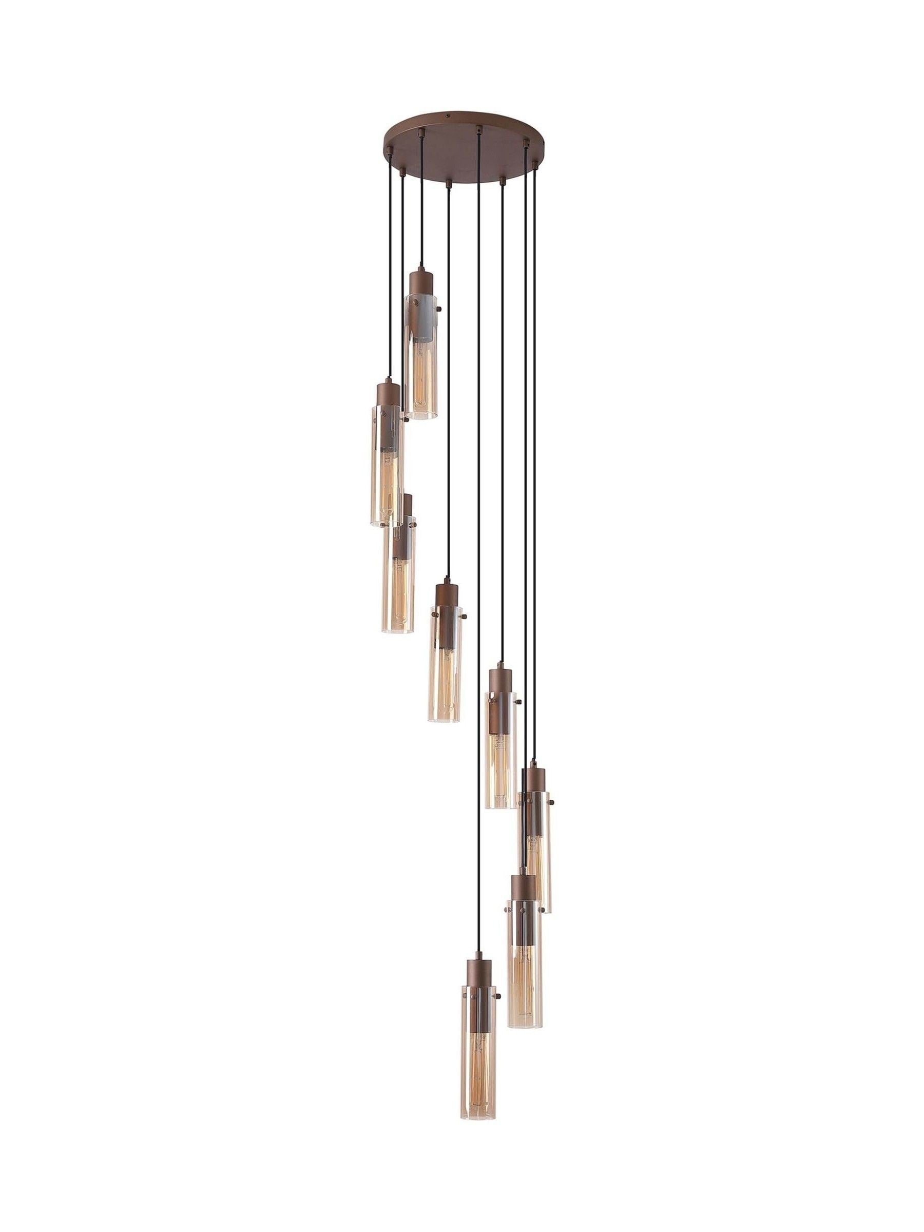 Searchlight Fira pendant light with amber glass shades, imported from the UK