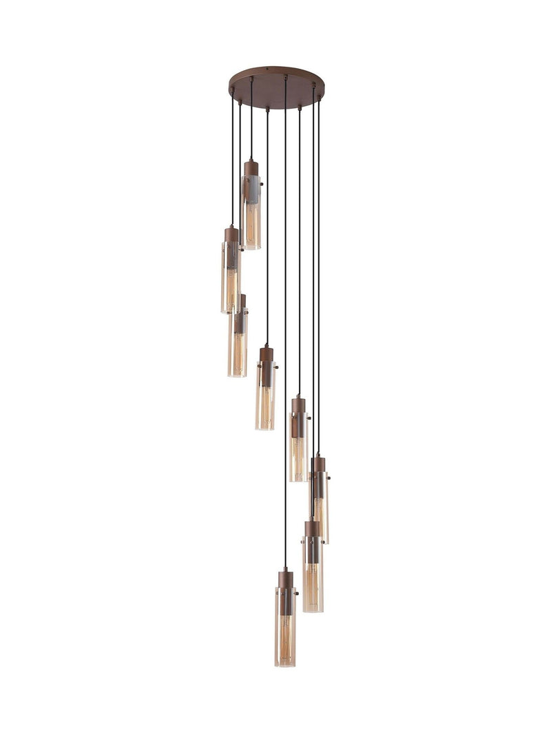 Searchlight Fira pendant light with amber glass shades, imported from the UK