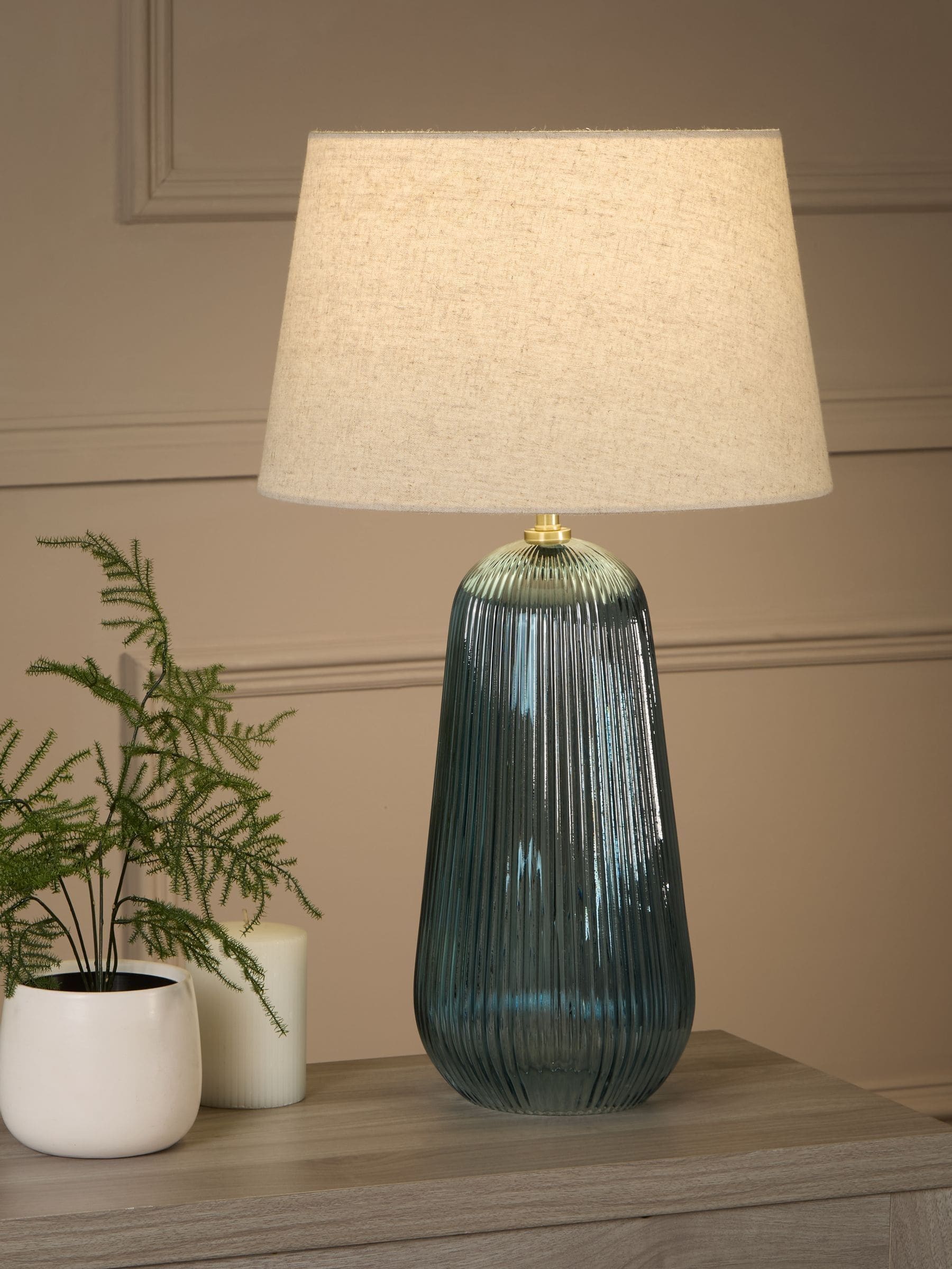 Searchlight Azure table lamp blue glass base linen shade, UK version