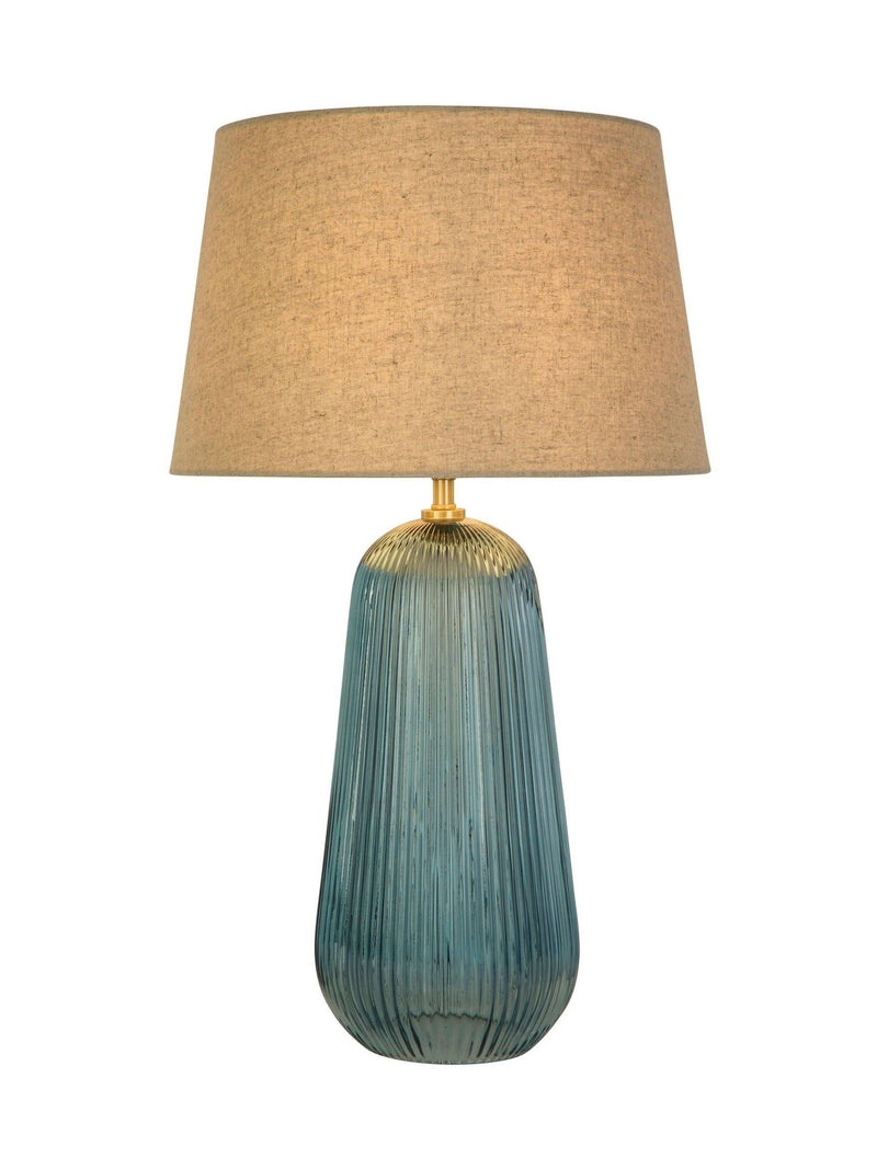 Searchlight Azure table lamp blue glass base linen shade, UK version