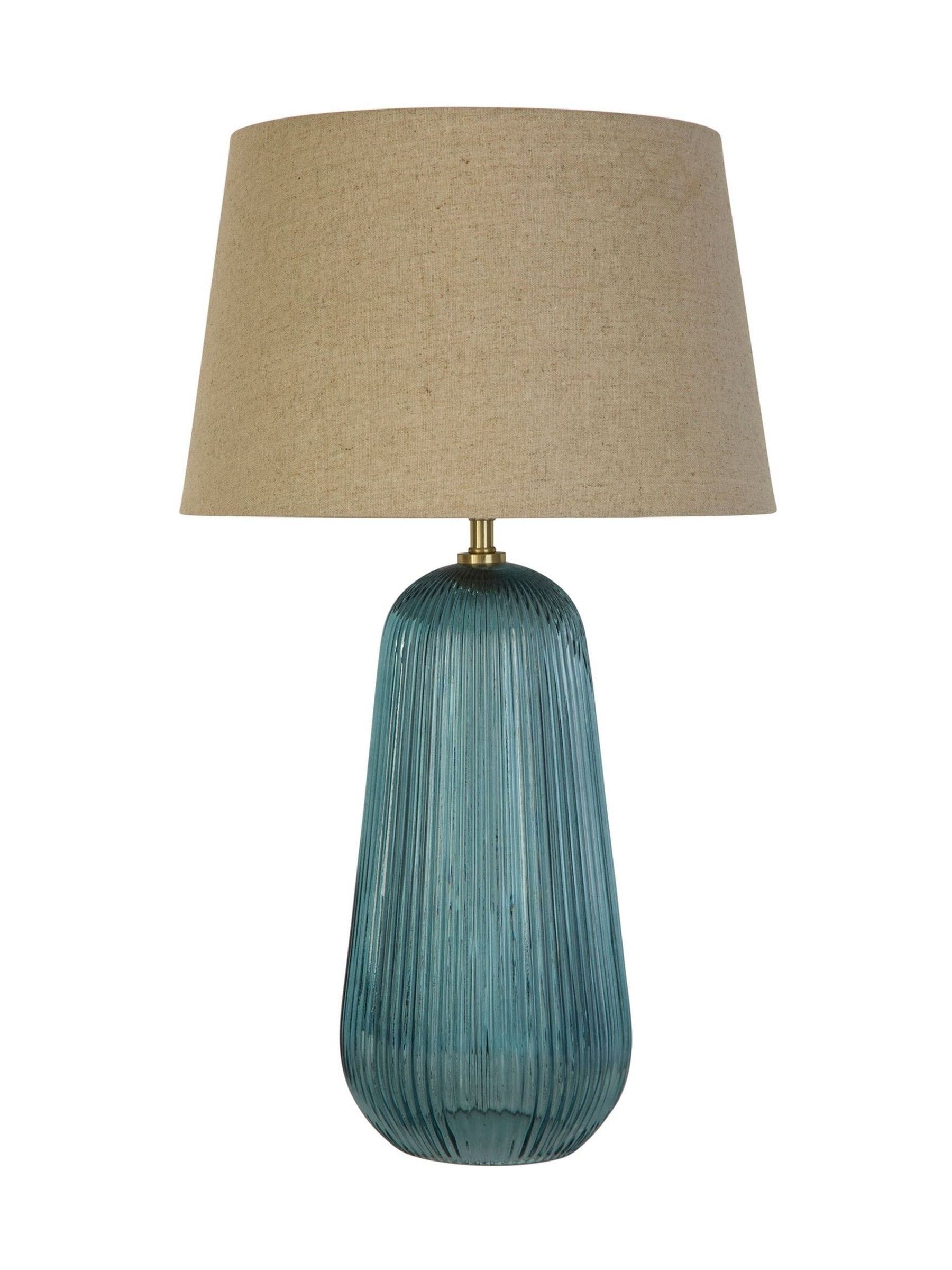 Searchlight Azure table lamp blue glass base linen shade, UK version