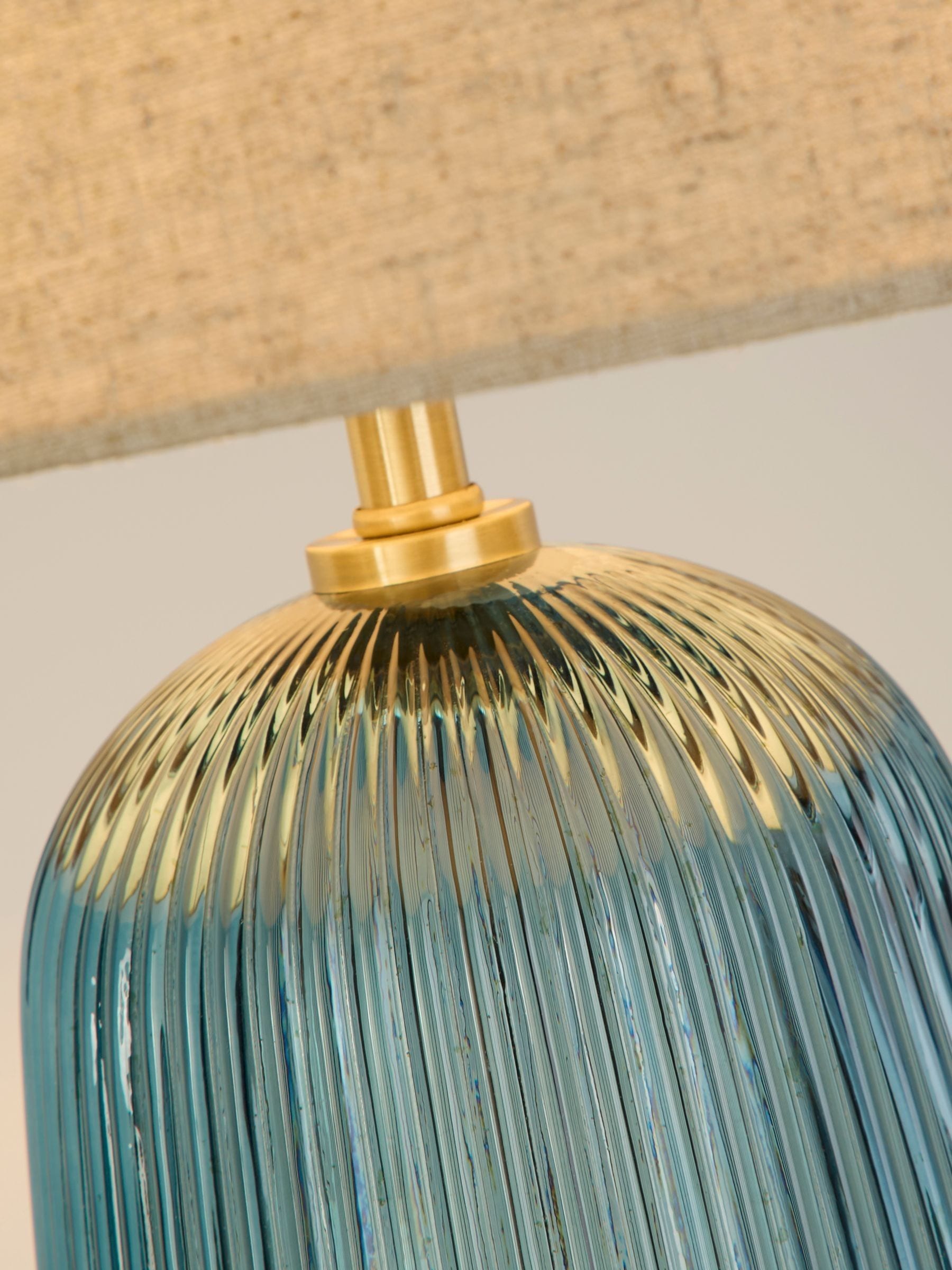 Searchlight Azure table lamp blue glass base linen shade, UK version
