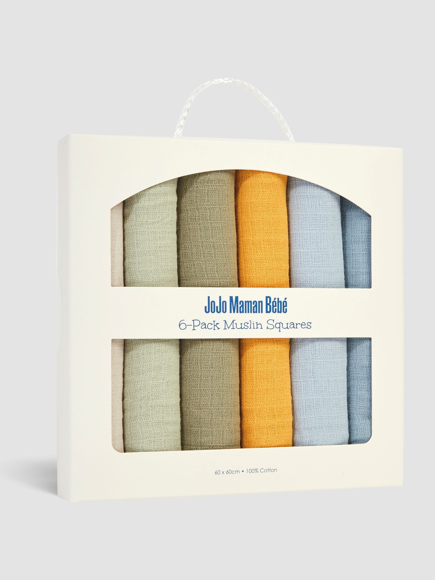 JoJo Maman Bébé 6-pack muslin squares rainbow colours 60x60cm, imported from the UK