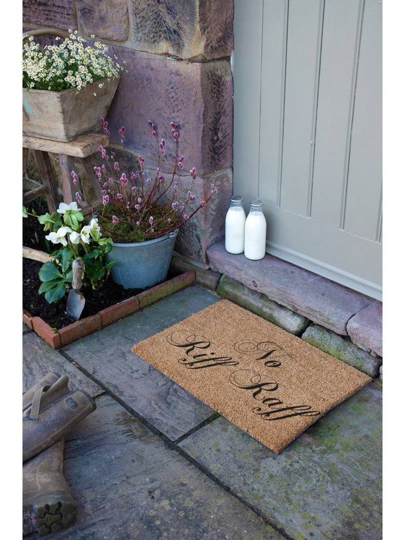 Artsy Mats natural and black No Riff Raff doormat 60x40cm, imported from the UK