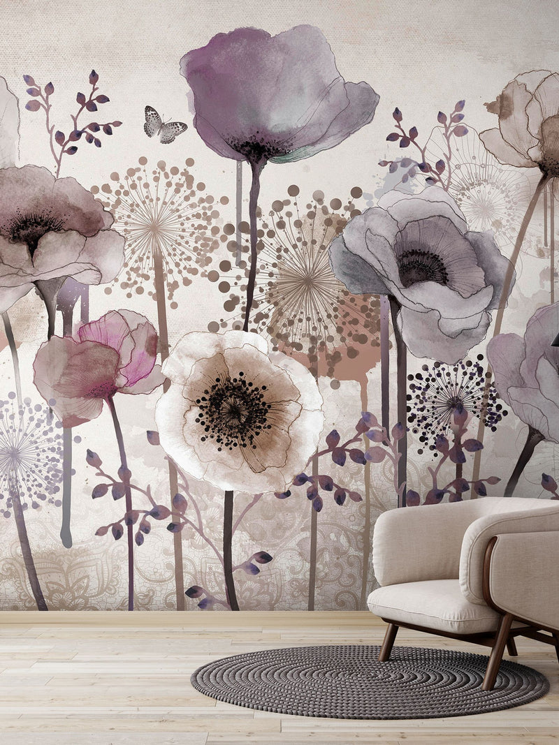 Art For The Home Purple Poppy mural 4M, UK version