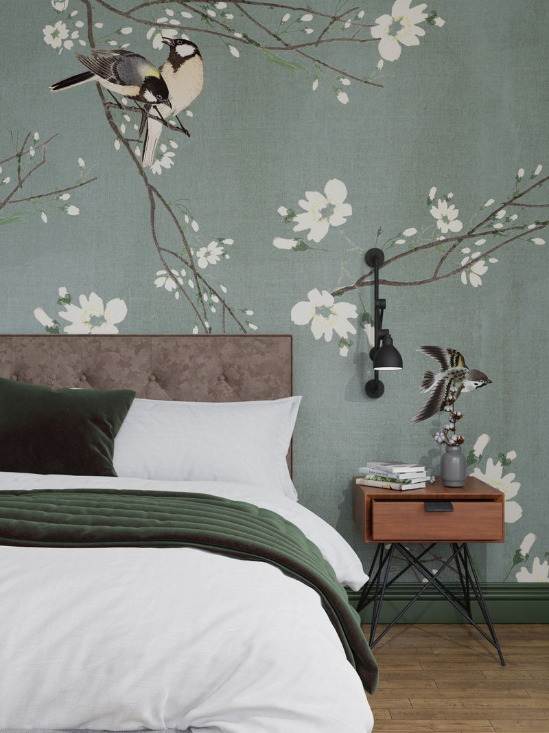 Art For The Home dark duck egg birds and blossom mural 2M, UK version